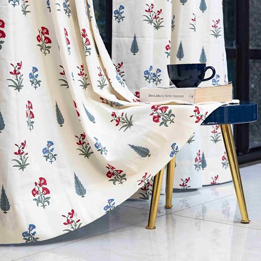 Urban Space 100% Cotton Floral Curtains for Door, 60-65% Light-Filtering Curtains 7 Feet Long Set of 2 with Stainless Stee...