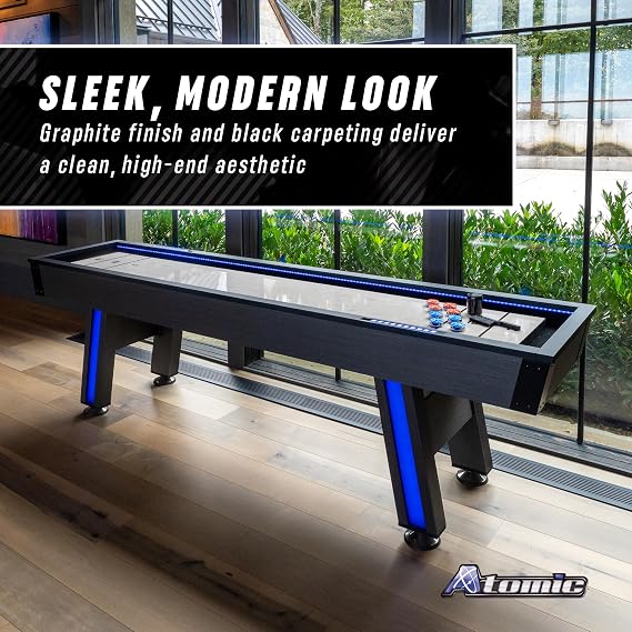 Atomic 9' Azure LED Shuffleboard Table LightUp Rails & Legs, LED Scoring System, Sleek Graphite Finish, Includes 8 LED Pucks & Shuffleboard Powder