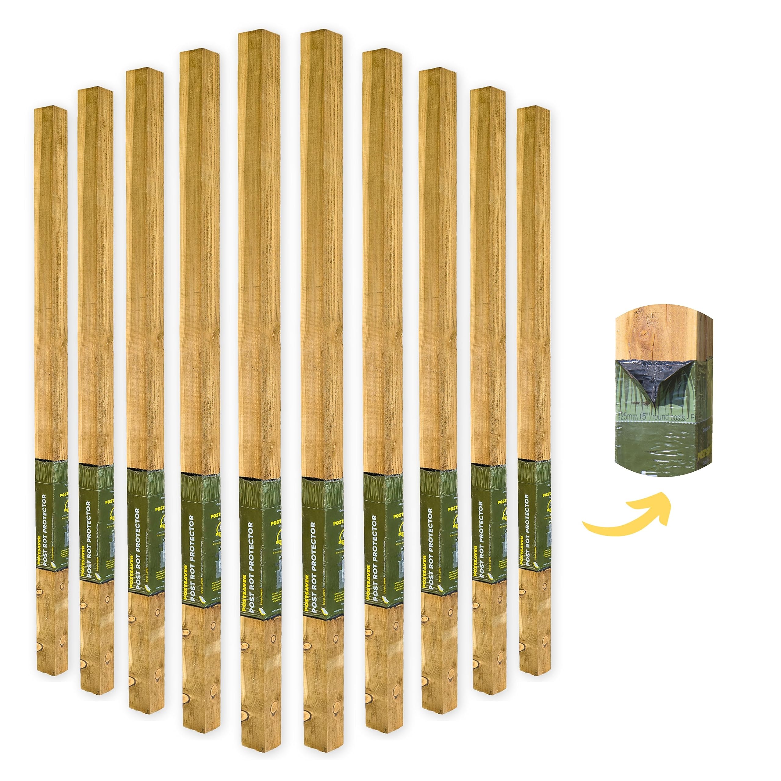Postsaver Rot Protected Wood Fence Post 3x3" | Pressure-Treated Timber Post for Gardening | Decay-Protected with Postsaver Dual-Layer Rot Protector | 20-Year Guarantee | Pack of 10 | 8 Ft. Long โ image 1