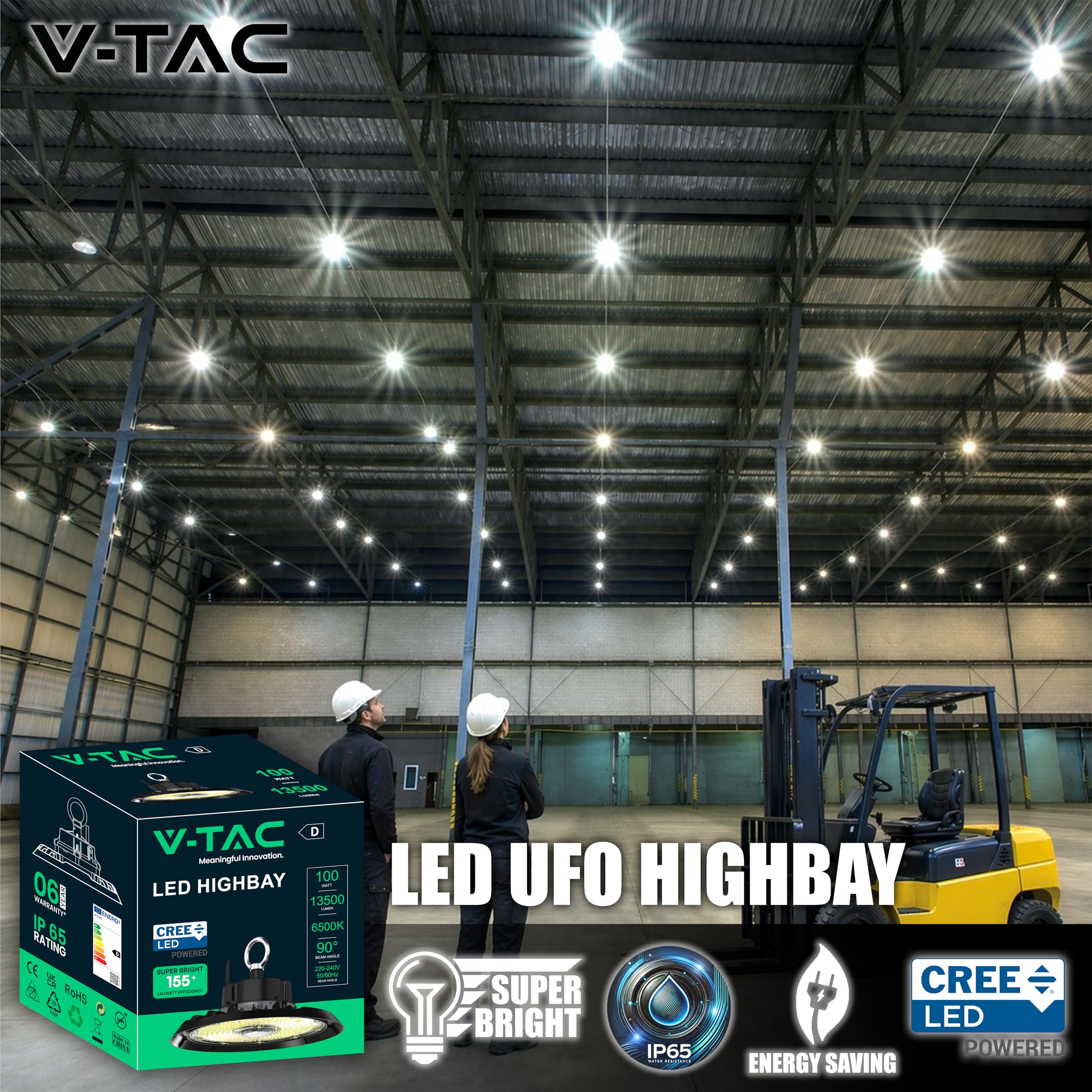 V-TAC High Bay Projecteur LED Industriel UFO 100W - [CHIP CREE LED - ÉCONOMIE D'ÉNERGIE] - Lampe Industrielle 13500 lm pour Entrepôt, Usine, Atelier - IP65 - Cloche -Blanc Froid 6500K