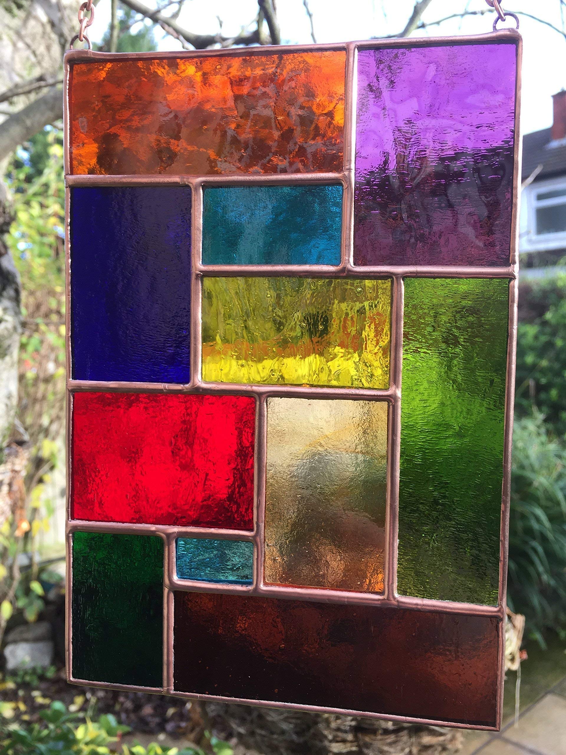 Panel de vidrieras, atrapasueños abstractos multicolor de cobre, hecho a mano, regalo artístico para ventana