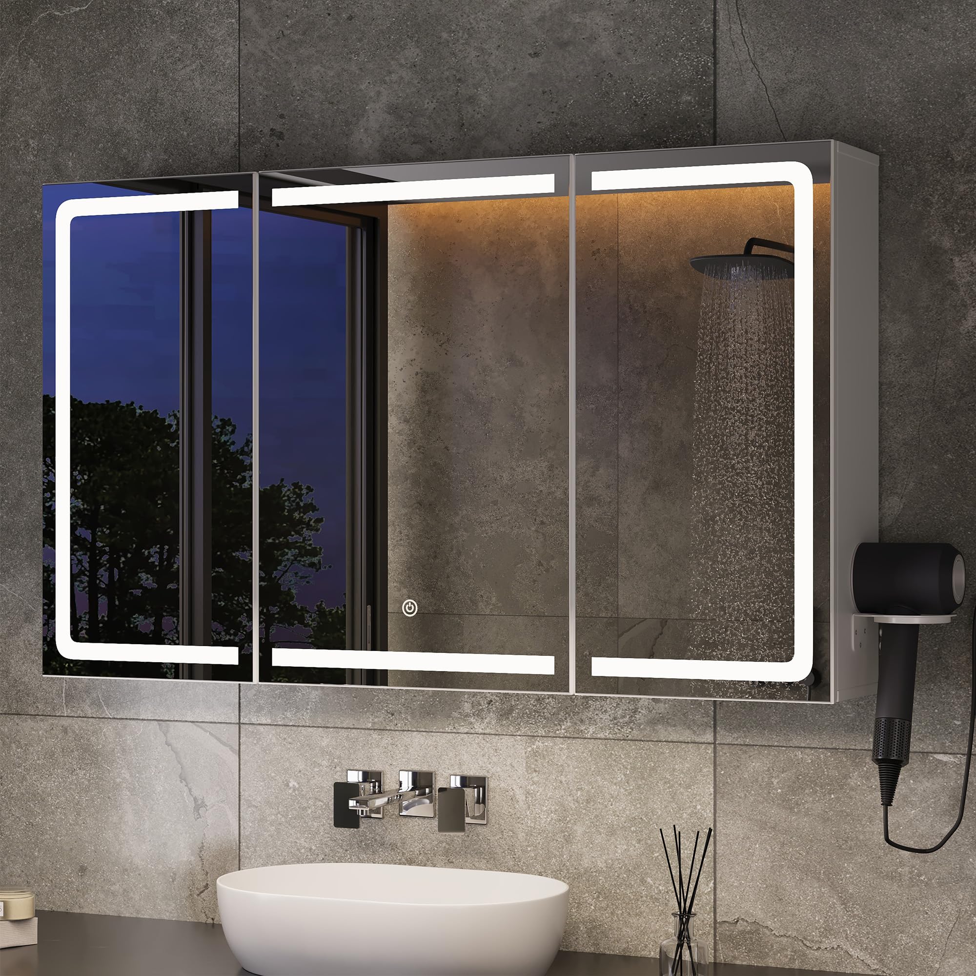 Xbro Spiegelschrank Bad mit LED-Beleuchtung 100×16×60 mit Steckdose, Seitenablage, verstellbaren Spiegeltüren, Weiß
