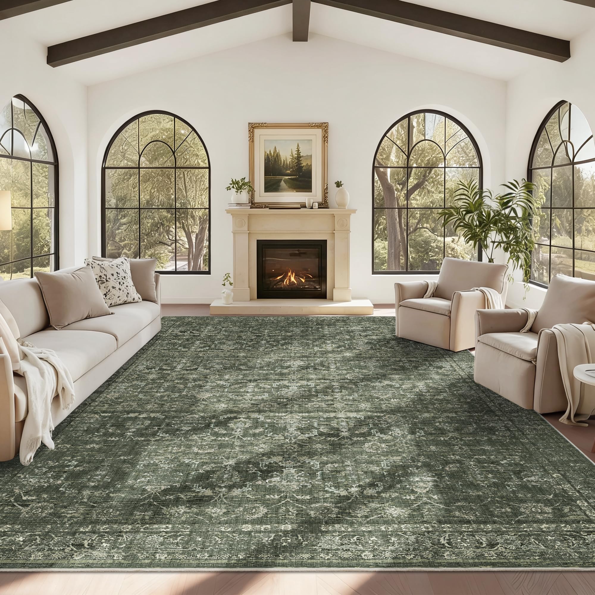 Photo 1 of DUIDY 10x14 Washable Living Room Area Rug Soft Boho Dark Green Large Carpet