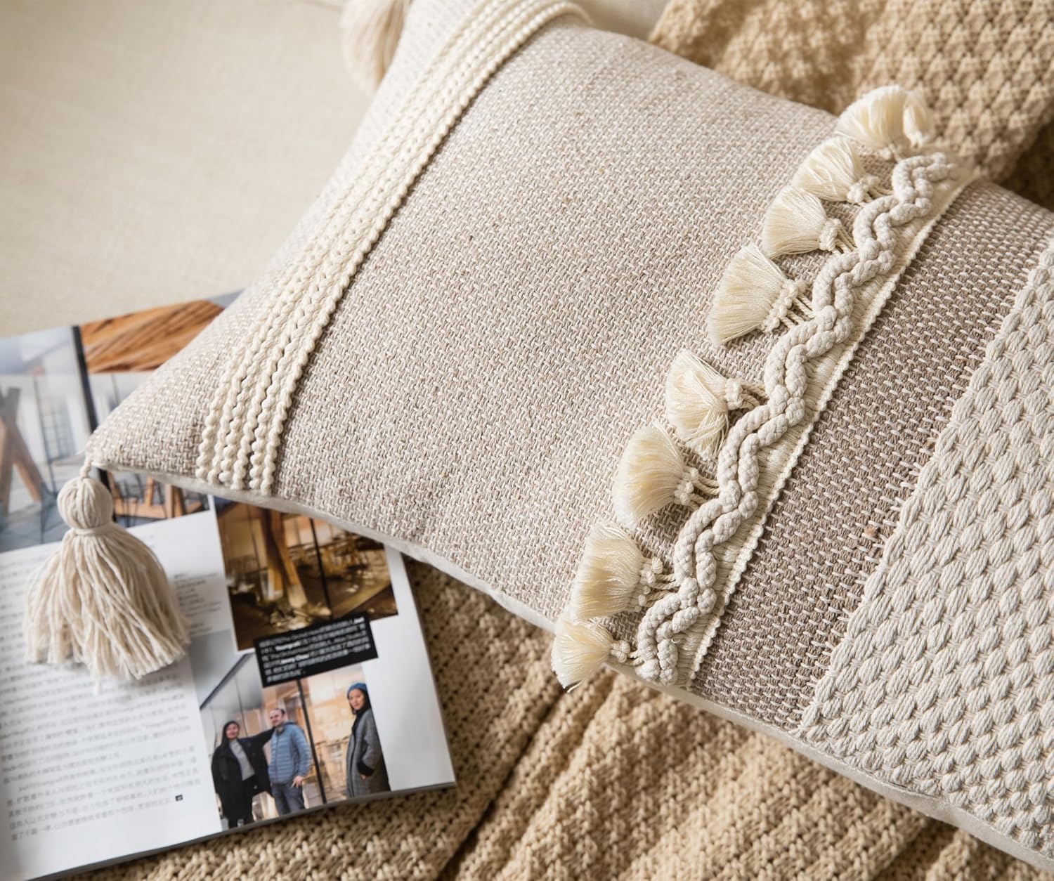 Caflife Boho Lumbar Throw Pillow Cover 14X36 Long Decorative Pillows for Bed, Taupe Beige Woven Body Pillow Cover for Farmhouse Chair Sofa Bedroom Living Room Home Decor Couch Cushion Case, Pack of 1