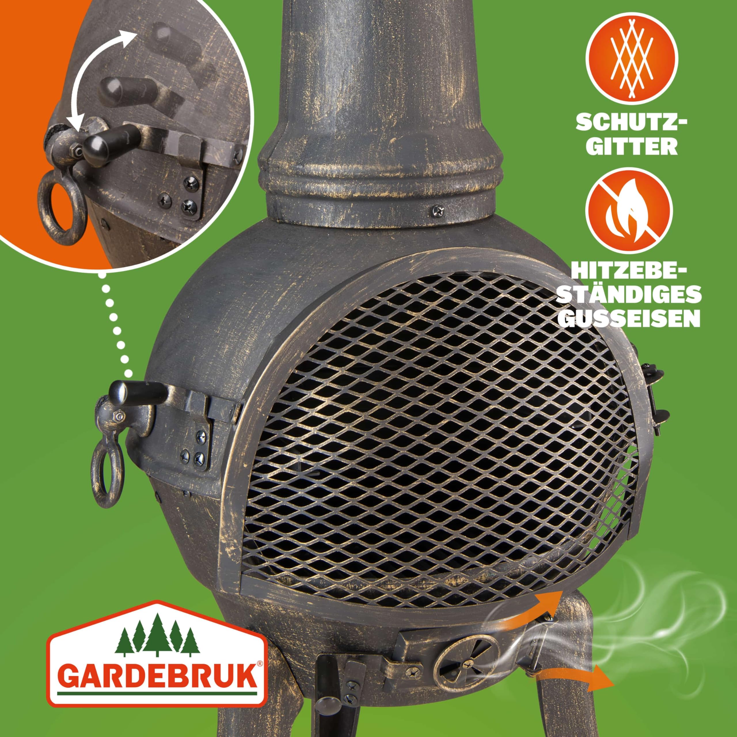 GARDEBRUK Terrassenofen Gusseisen 28kg Funkenschutz | Holz, 112cm, Garten, Terrasse, Outdoor, Wetterfest, Feuer, Kamin