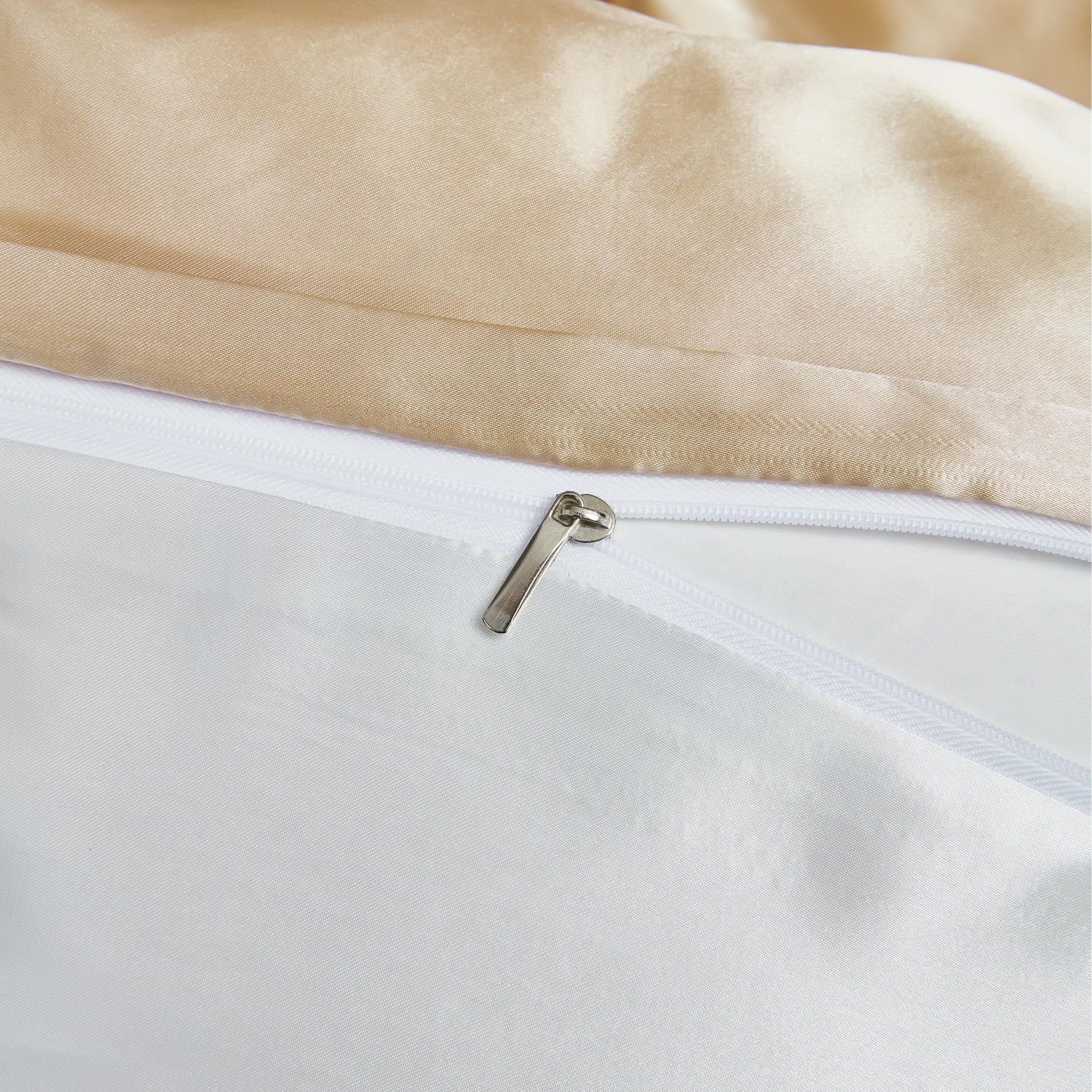 Ropa de cama de satén de 220 x 240 cm, reversible, color beige, dorado y blanco, funda nórdica de seda lisa y brillante, suave, sedosa, ropa de cama de 3 piezas con cremallera y 2 fundas de