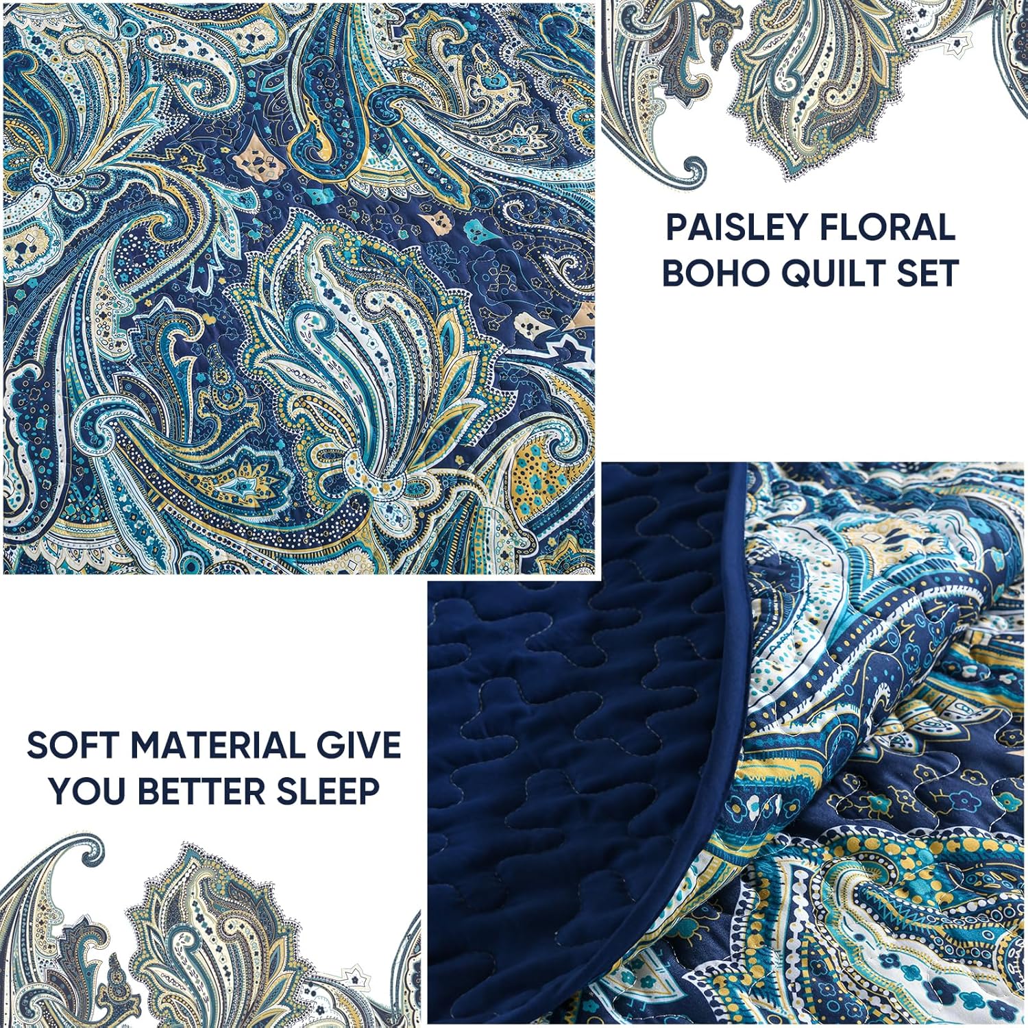 DJY Navy Blue Paisley Quilt Set Queen Size Boho Bedspread Coverlet Set 3 Pieces, Soft Lightweight Microfiber Vintage Navy Gold Paisley Floral Pattern Bedding for All Season, 96''x90'' - Image 4