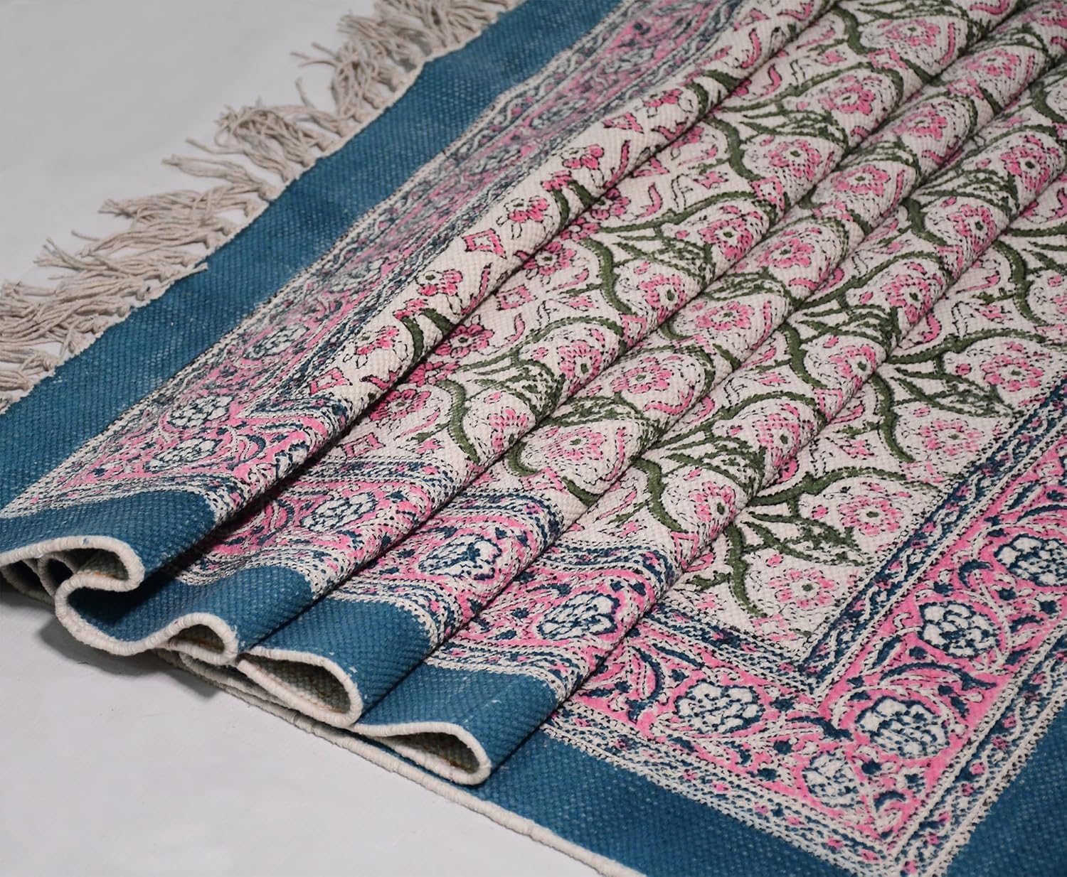 Kilim Area Rug 4x6 Hand Block Printed Cotton Dhurrie Multicolor Floral Printed Handmade Easy Washable Hand Wash Cotton Carpet Flatweave Mat Indoor for Living Room Bedroom Dining Area