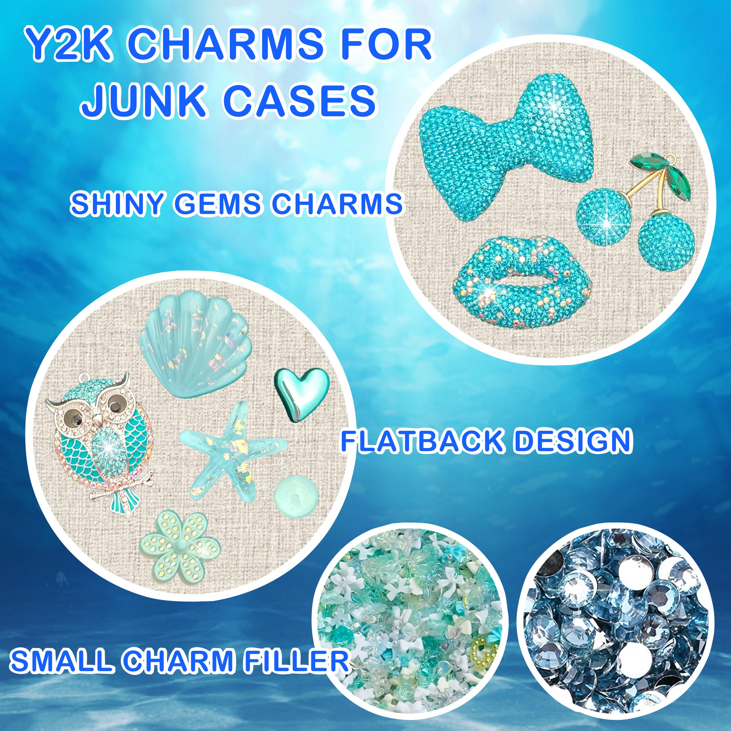 BBATT-HAPPY Blue Junk Case Charms Kit, Junks Phones Cases 3D Diamond Lips Owl and Bows Cherry Turtle Seashell Ocean Style and Other Refreshing Bedazzling Kits Can Be Used in DIY Phone Case Designs - 3