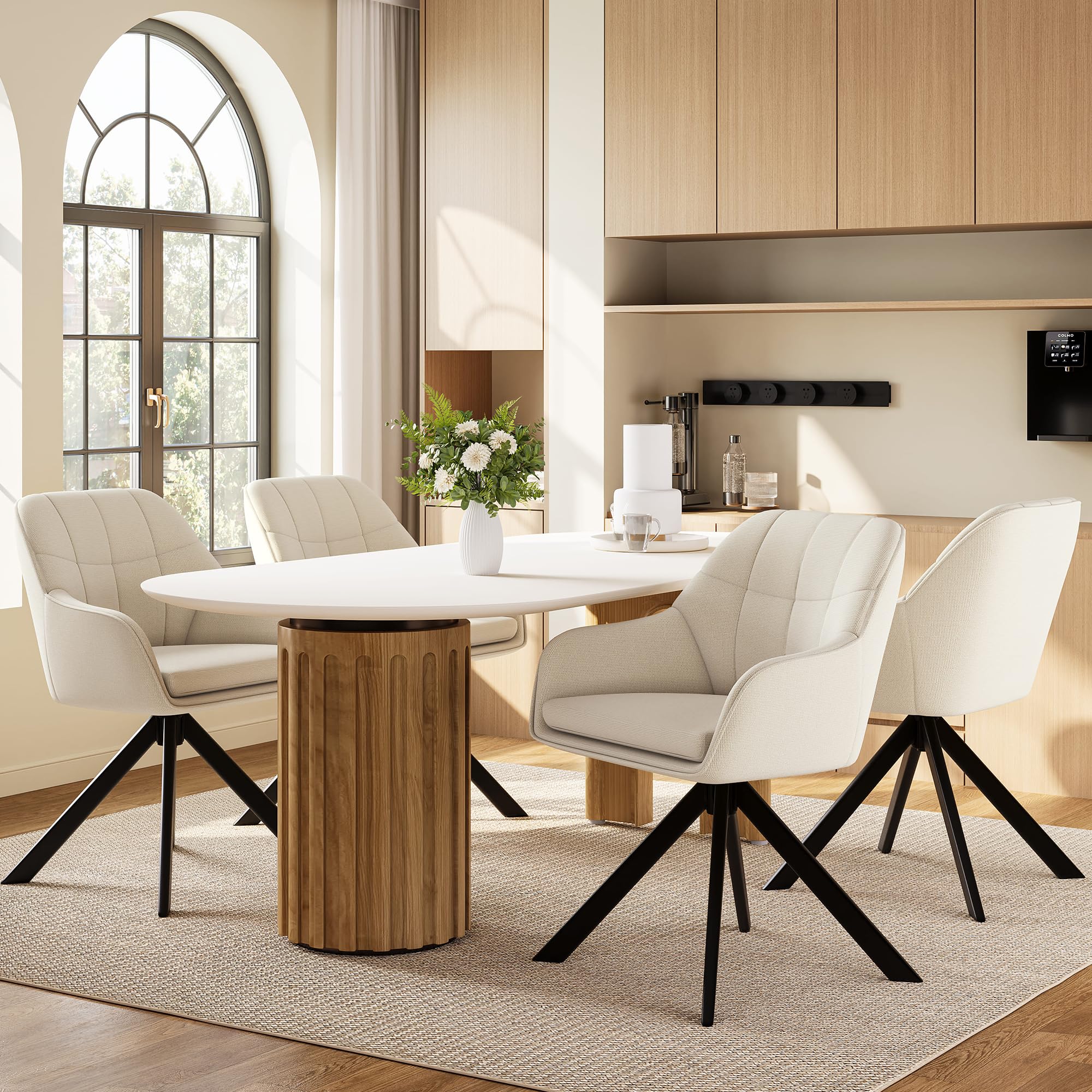 Lot de 6 Chaises Pivotantes 360° en Lin Beige avec Accoudoirs, Chaises de Salle à Manger, Cuisine, Fauteuils avec Pieds en Métal, pour Bureau ou Salon