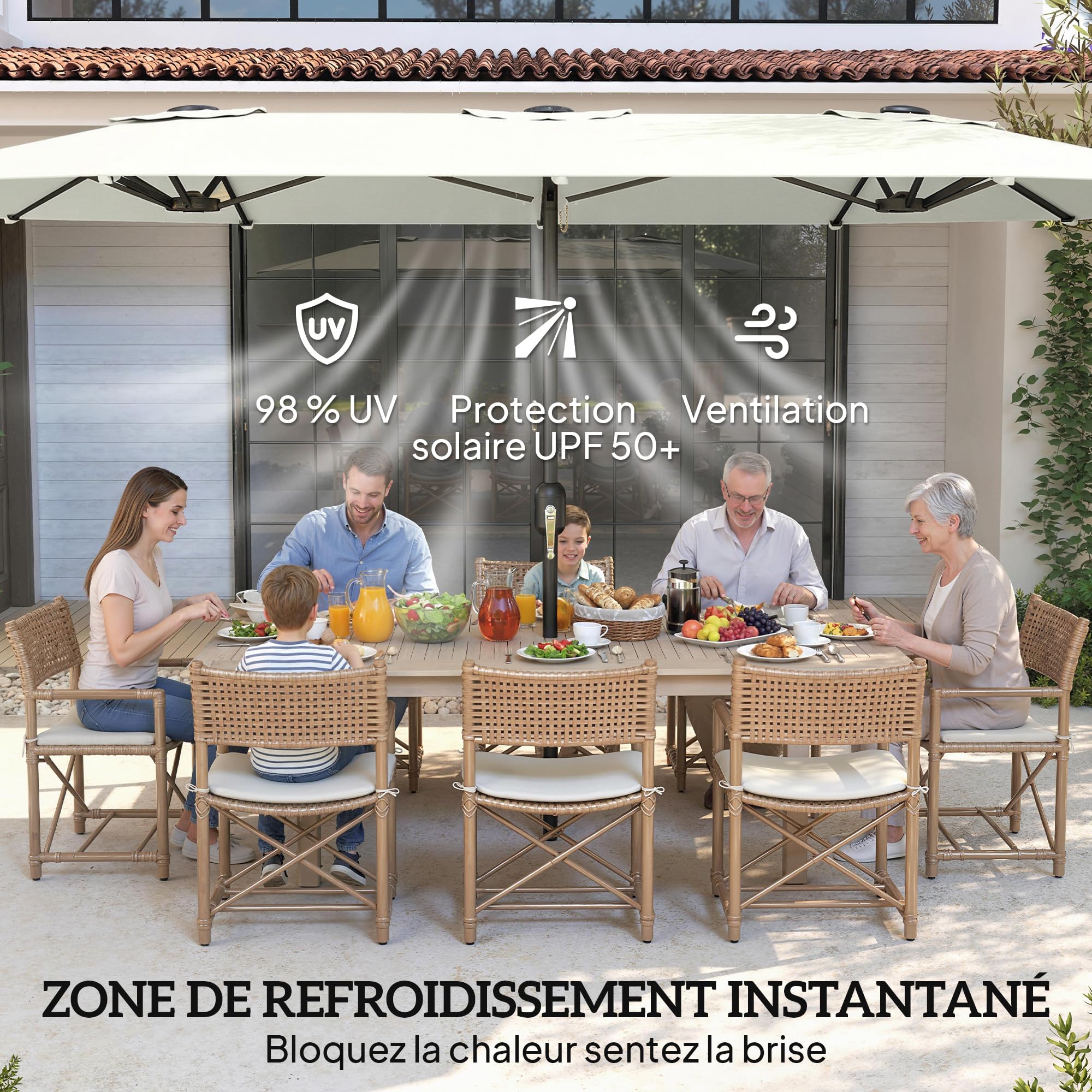 Outsunny Parasol de Jardin Extérieur 4,6x2,7 m, Manivelle, UV 50+, Crème