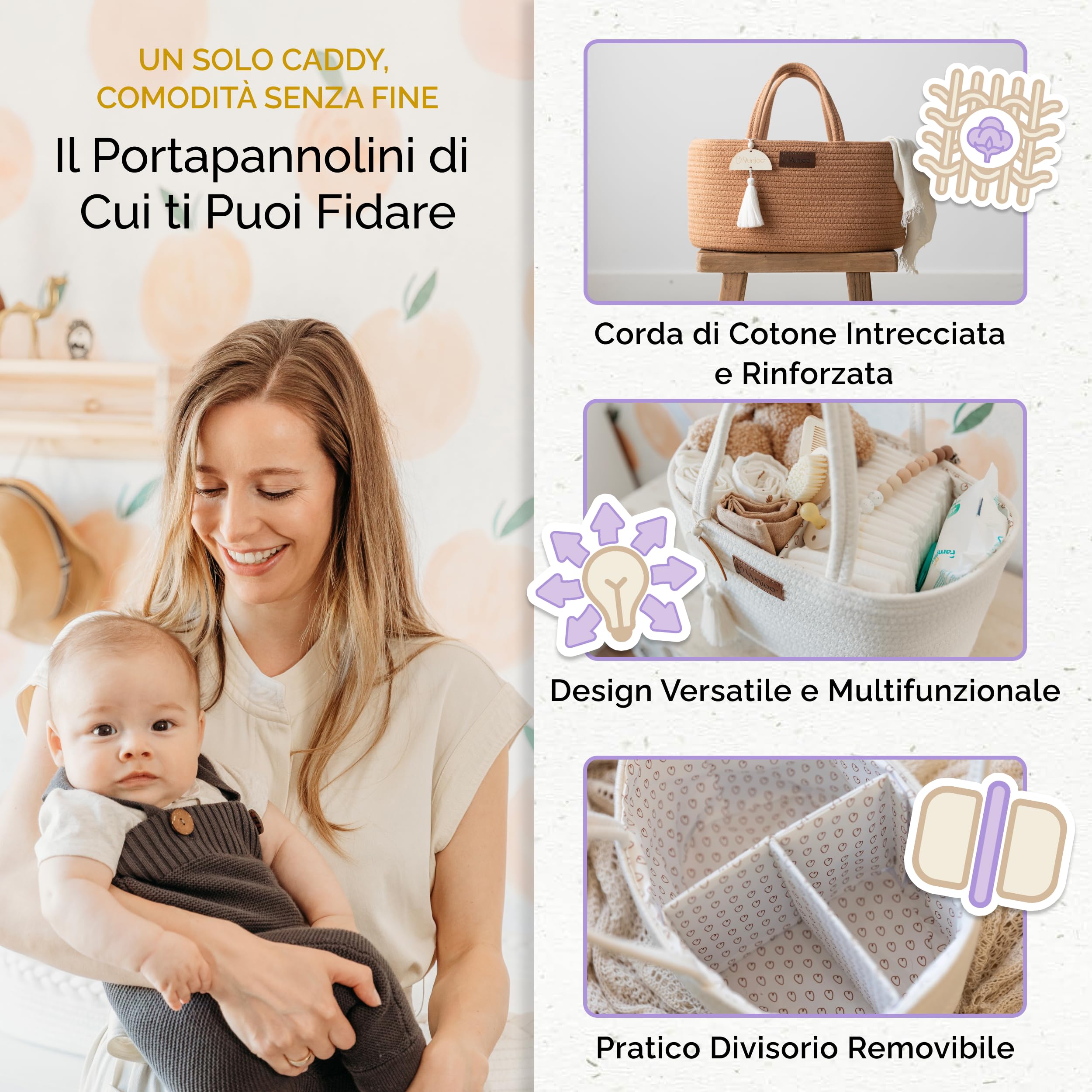 Set Fasciatoio Neonato Certificato OEKO-TEX e Organizer Pannolini, Cotone Ipoallergenico, Tappetino Impermeabile Incluso, Sicuro per la Pelle del Neonato