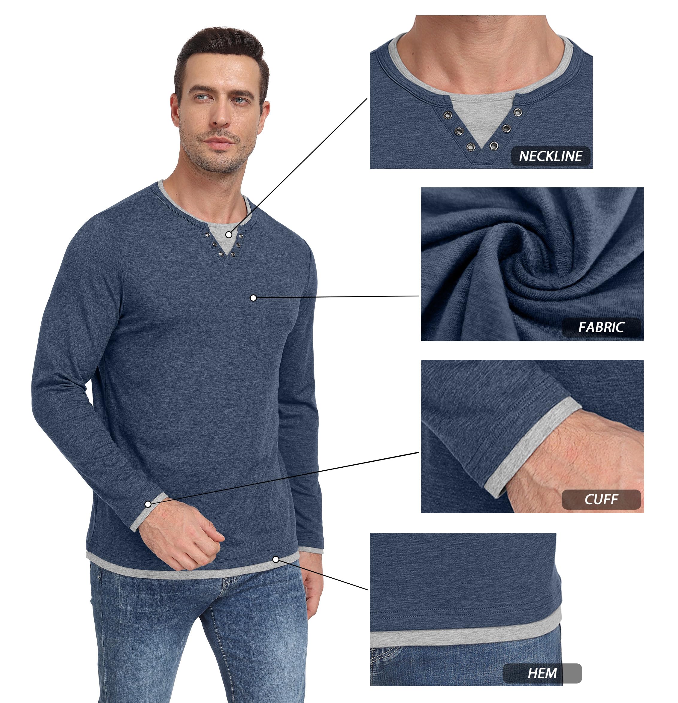 Hisir T-shirt męski Henley z bawełny, z długim rękawem, krój regularny, warstwowy, kontrastowy wzór, casualowy, na jesień i zimę