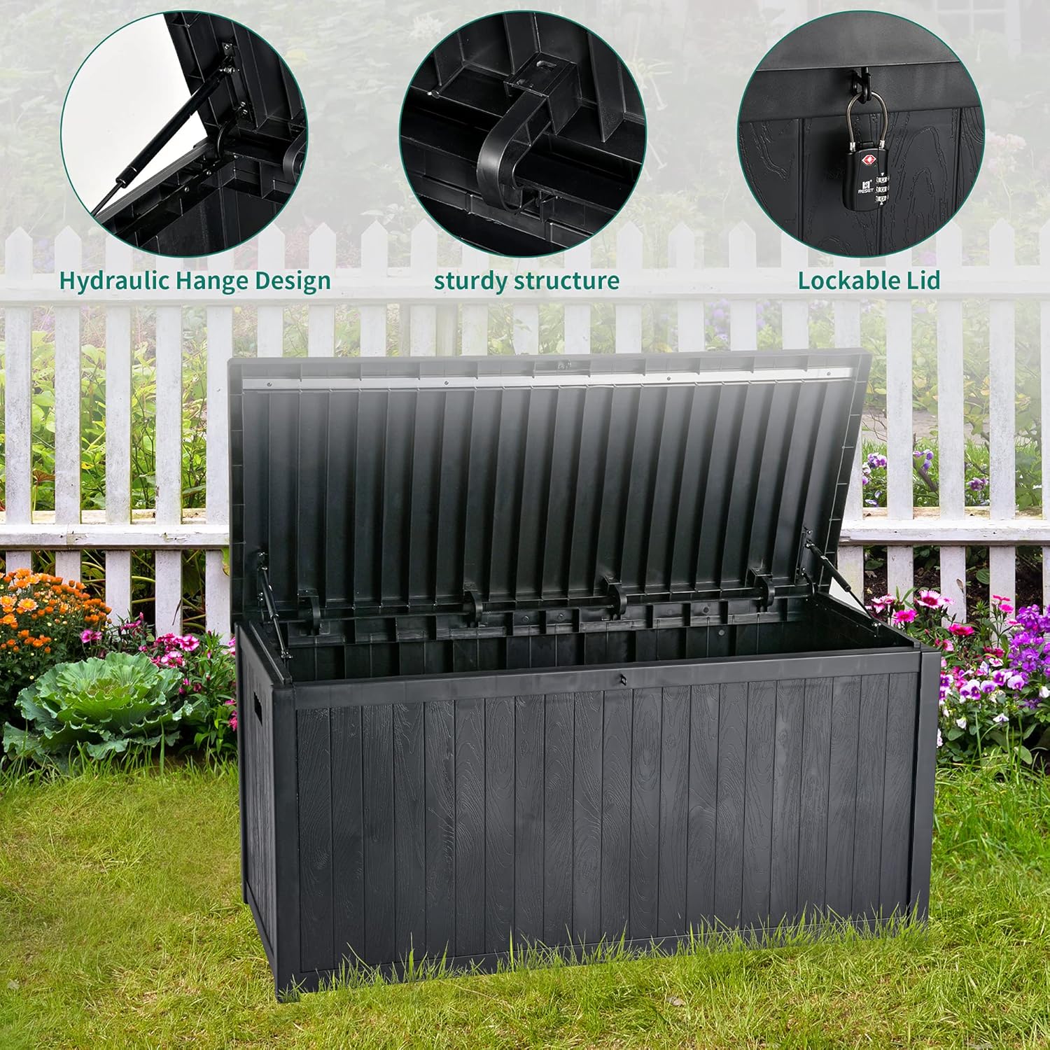 YITAHOME Large Deck Box,Outdoor Storage Container 114 Gallon for Outdoor Pillows, Pool Supplies, Garden Tools, Furniture and Sports Equipment,Water-resistant,Lockable (Black) : Everything Else