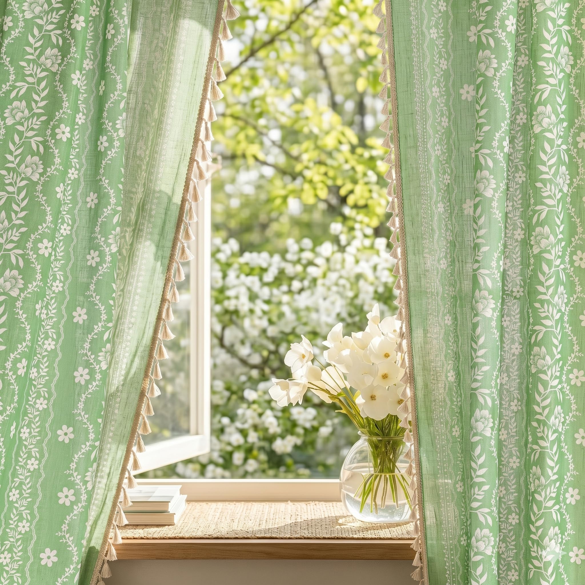MYSKY HOME Boho Floral Curtains 102 Inch Long for Living Room Sage Green