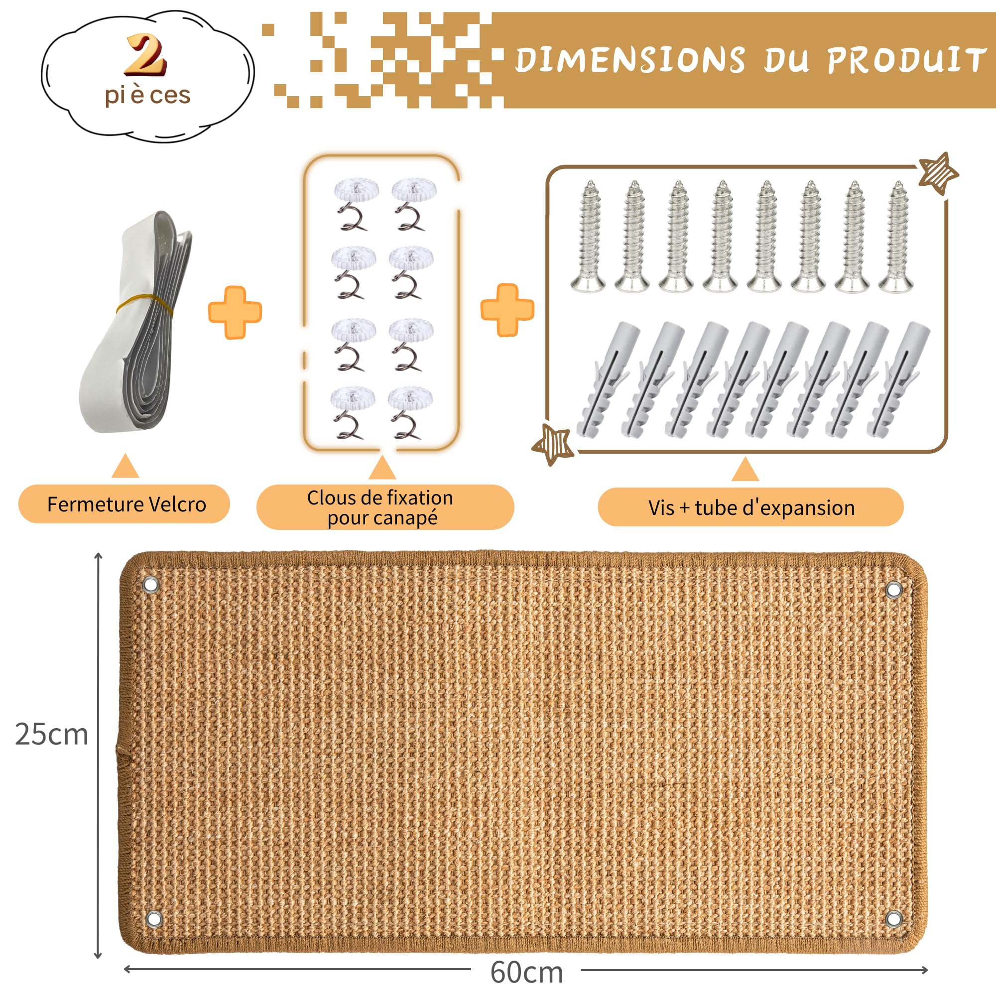 JanYoo Lot de 2 Tapis griffoirs en sisal, avec Ruban adhésif, Tapis de grattage pour Chat, Tapis pour protéger Le Mur, 60 × 25 cm (Marron)