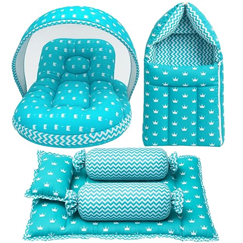 Fareto Combo of Baby Bed with Net | Carry Bag | 4 Pcs Bedding Set (0-6 Months, Baby Size, Cotton) (Crown Blue)