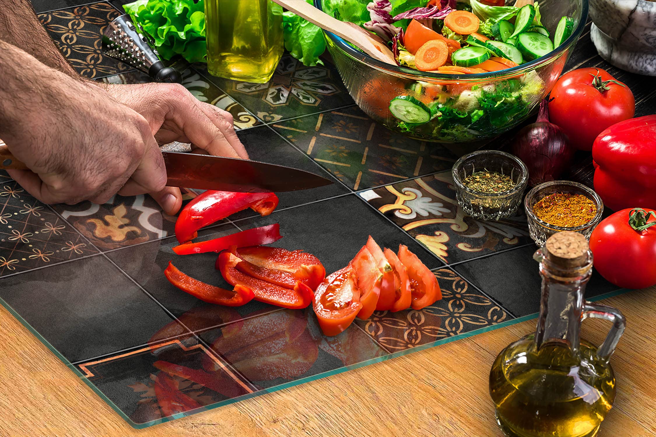 Planche à découper en verre Ceranfeld 1 pièce 52 x 30 cm, plaque de découpe en verre, protection anti-éclaboussures, plaque en verre universelle, cuisine, Mosaïque Ardoise