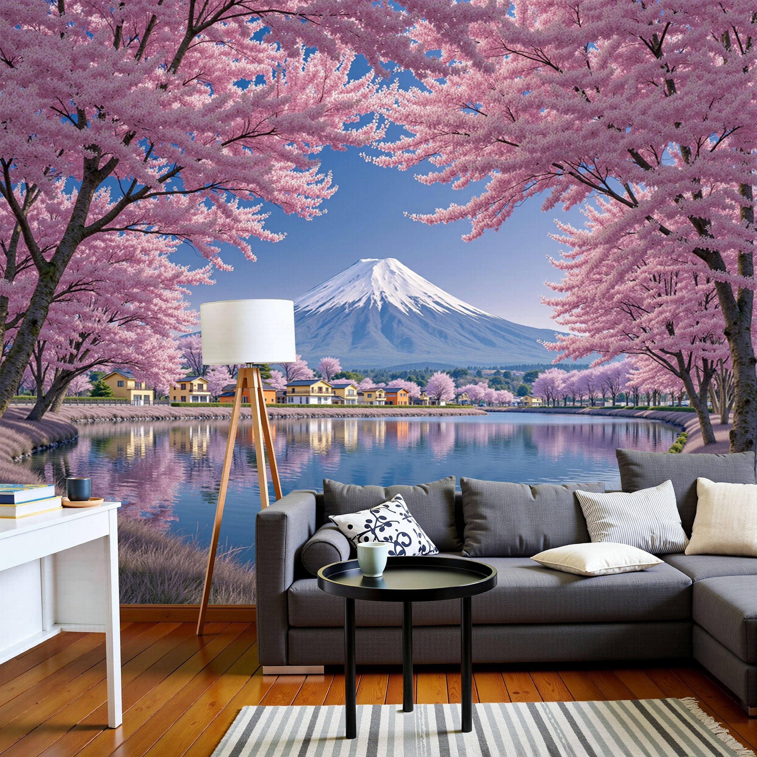 Papier peint cerisiers en fleurs et lac japonais - Grand format mural 250x175 cm