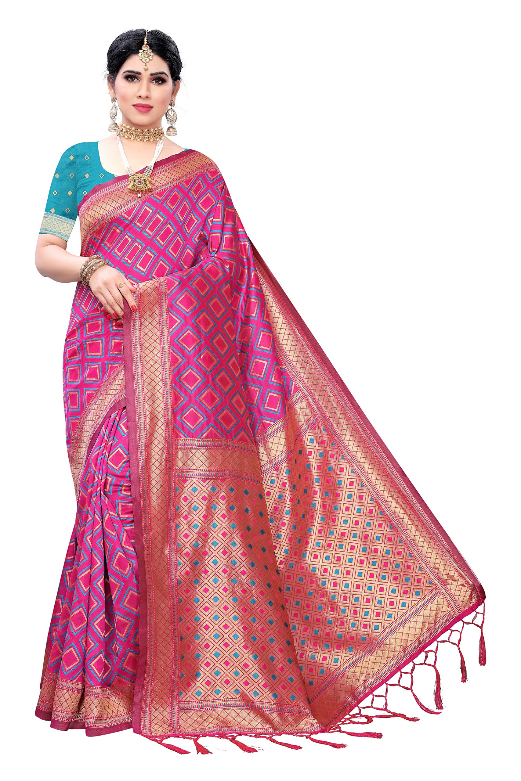 AKHILAMWomen's banarasi silk sarees Saree with Unstitched Blouse Piece (Free size_Pink_GNG22004_QL)