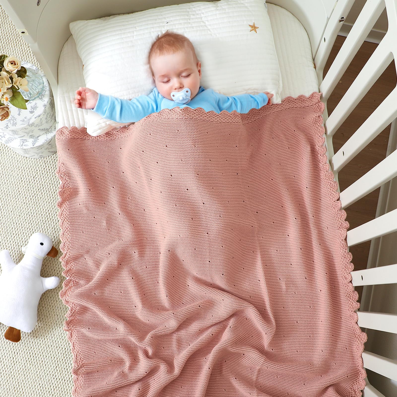 DovFanny Cellular Baby Blanket Cotton Knitted Soft Crochet Blankets for Newborn Boy Girls Toddler (pink), 100*80 - Image 2