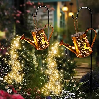 YJFWAL 2 Pack Solar Watering can with Lights Garden Solar Lights, Hanging Solar Lantern, Waterproof Garden Lights Outdoor Decorative Lights for Party, Walkway, Yard, Lawn, Patio (with Shepherd Hook)