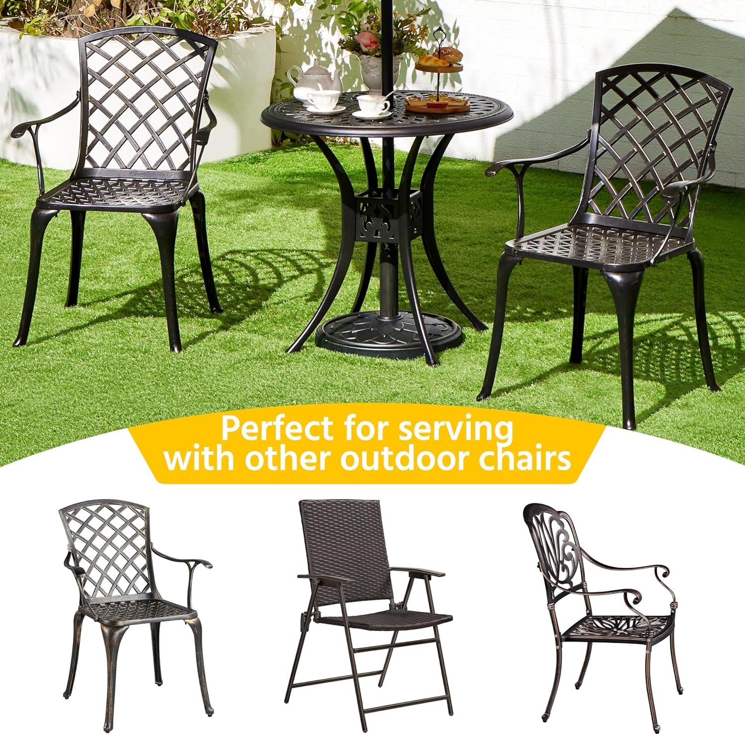 Yaheetech 31in Cast Aluminum Patio Table with Umbrella Hole, Outdoor Round Anti-Rust Small Coffee Bistro Table with Umbrella Hole, Outdoor Furniture for Porch, Backyard, Garden, Bronze