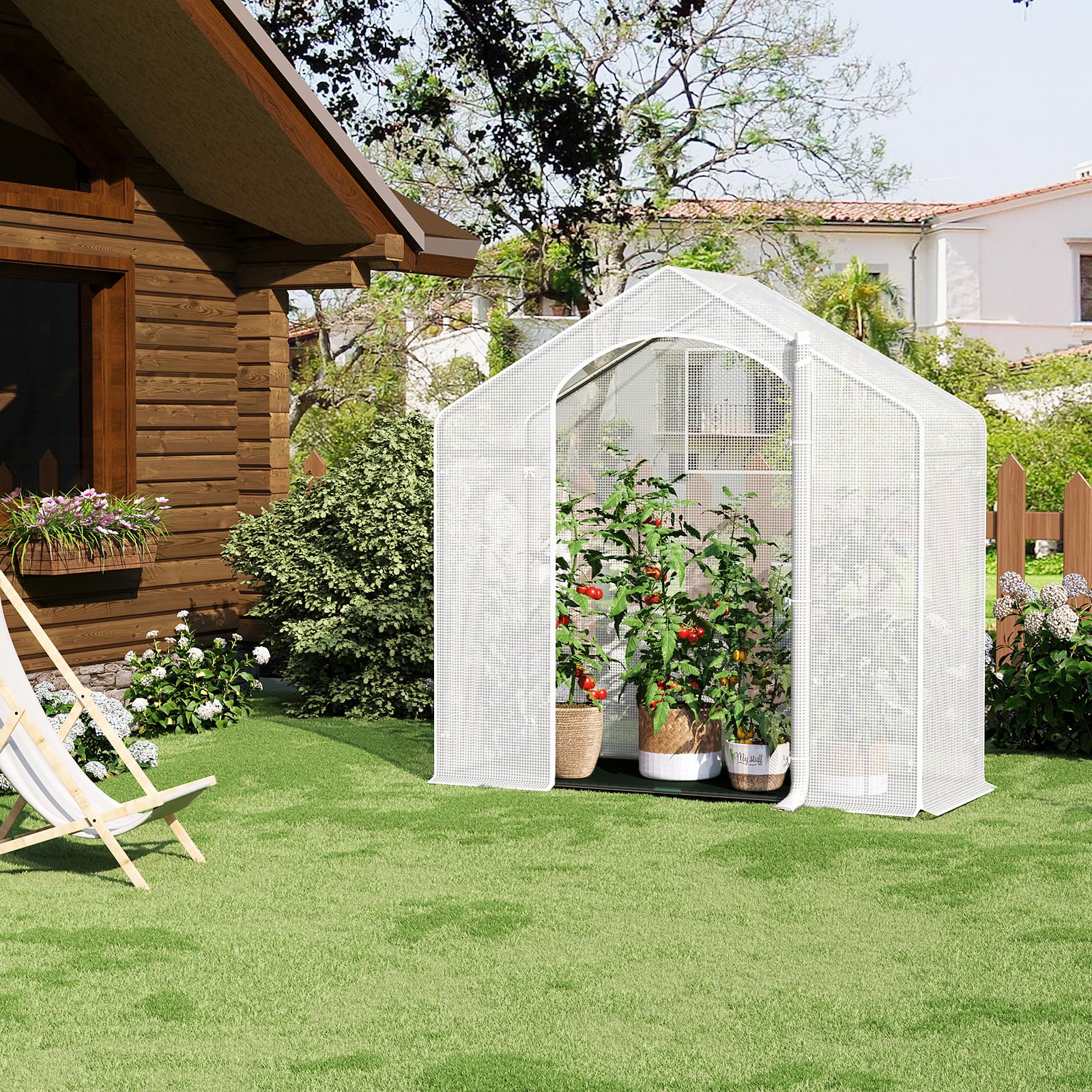 WOLTU Foliengewächshaus Winterfest mit Schwarzer PE-Gewebeboden, gewächshaus Folie für Aufzucht Tomaten, Tomatenhaus mit Tür Fenstern, aus Stahlrohr PE, 200x80x200cm, Weiß