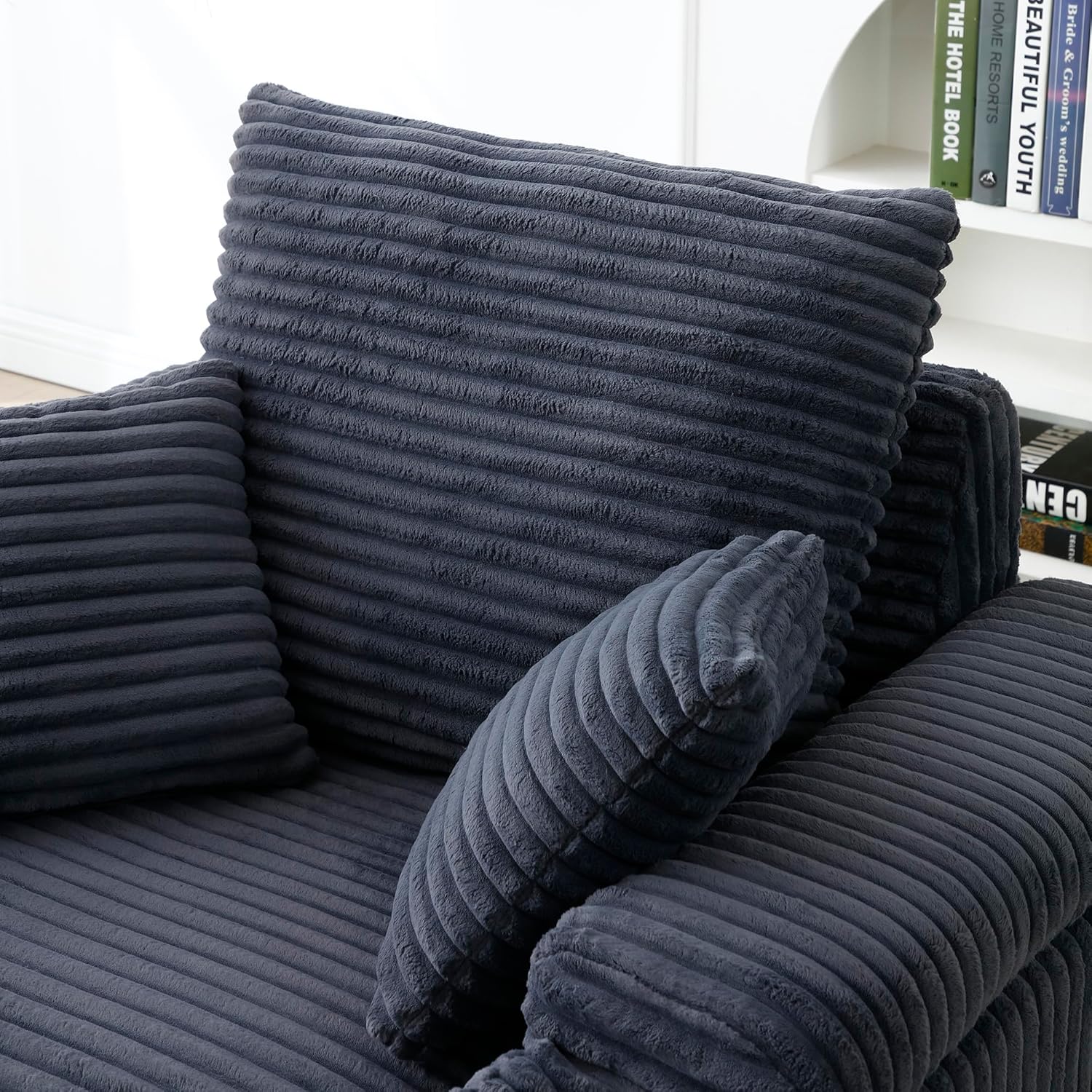 43.3'' Oversized Chaise Longue Chair Corduroy Single Sofa Couch with Ottoman Upholstered Armchair Comfy Reading Chairs Accent Chair for Small Spaces Living Room Bedroom Dark Grey