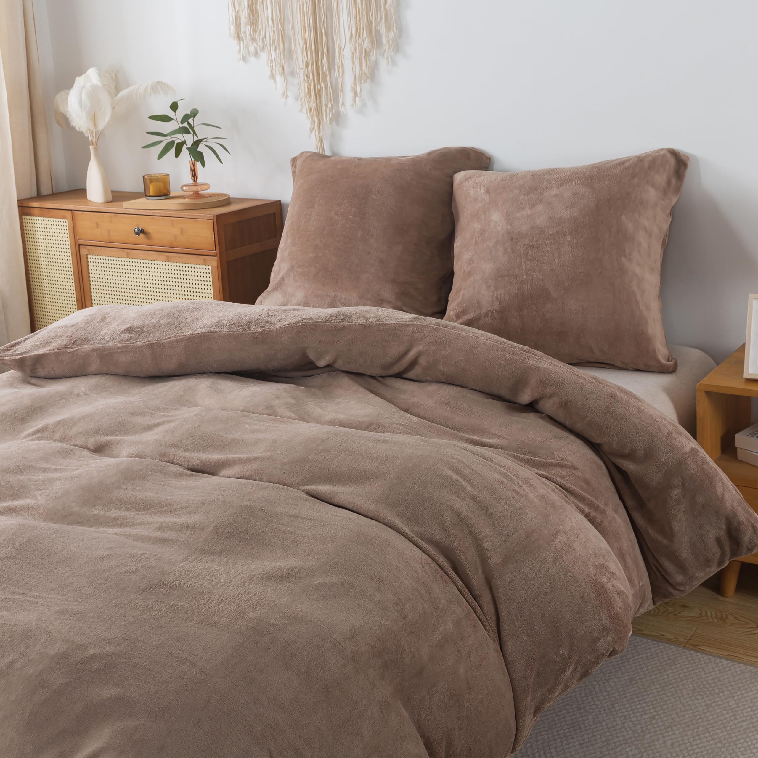 Plüsch Bettwäsche 200x200 cm Kaffeebraun 3tlg Set, Winter Biber Warm Flauschig Bettbezug und 2 Kissenbezüge 80x80cm, Kuschelig Weich Cashmere Touch Flanell Bettdeckenbezug Bettdecke Cover