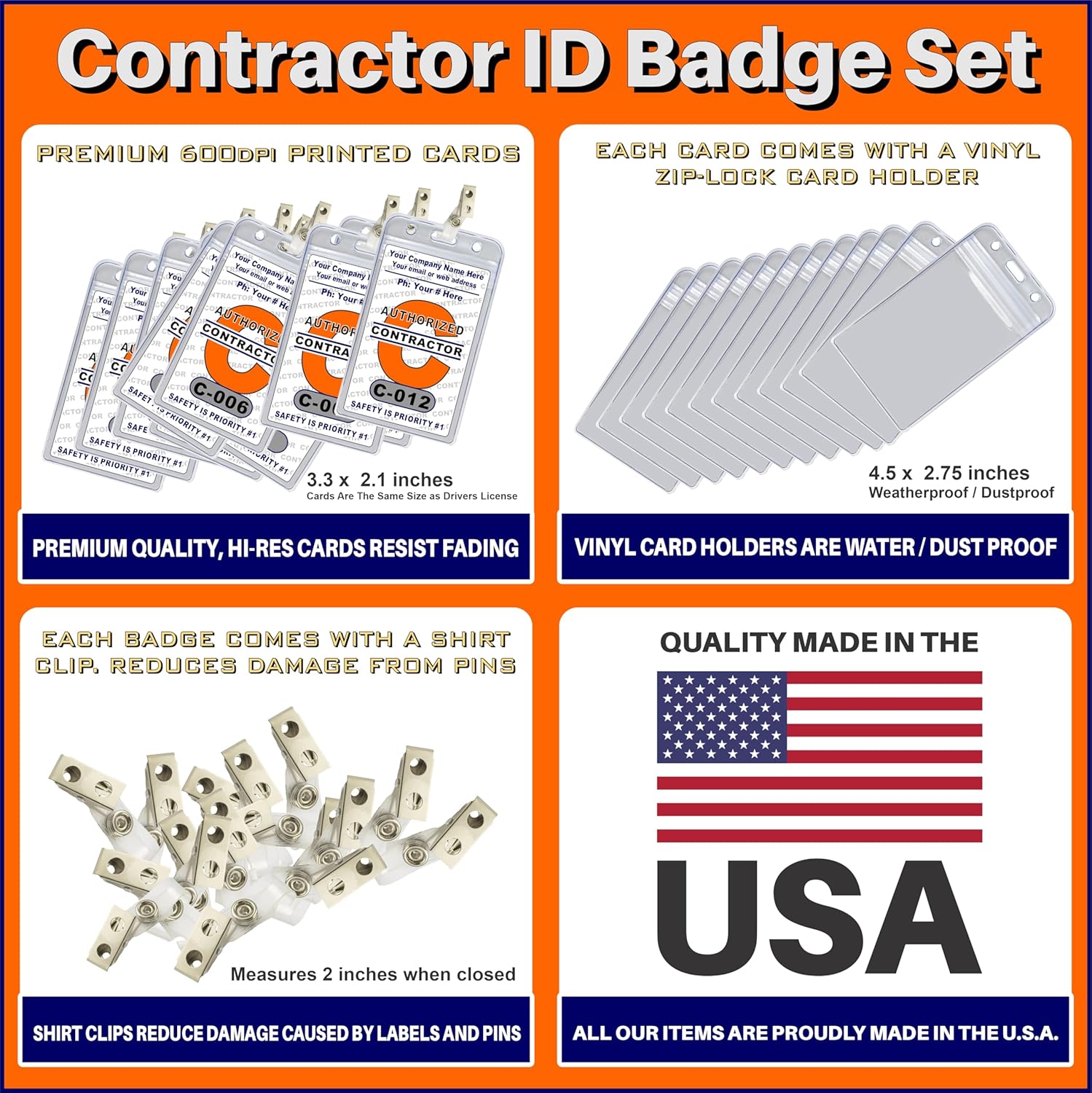 Contractor ID Badges/Cards (12 pcs) - PVC Plastic Custom Printed with Your Company Name 12 pcs - Badge Holders & Clips Included - Made in The USA