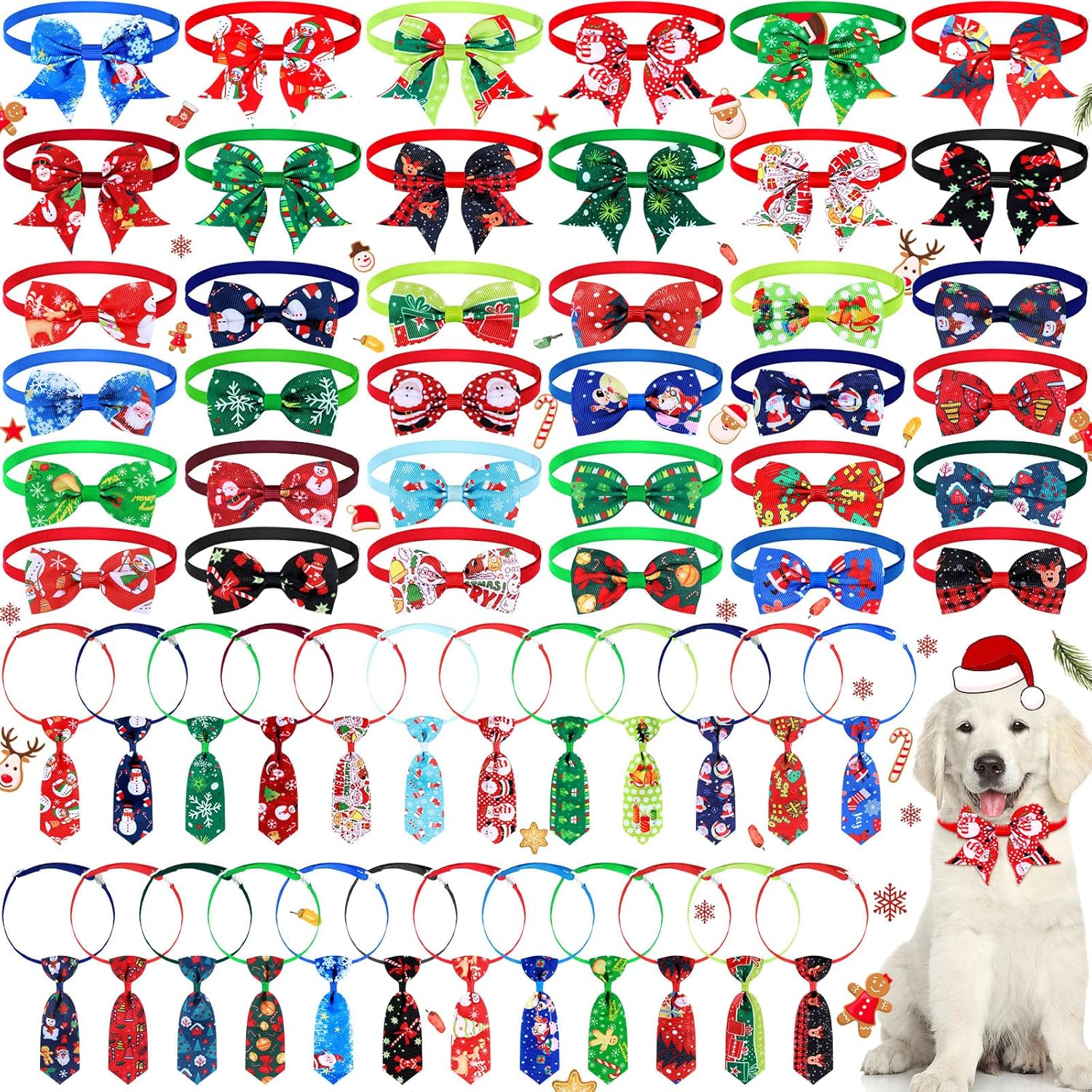 Sadnyy 60 Pcs Christmas Dog Bows for Dogs Christmas Collars Adjustable Santa Claus Snowman Bowtie Collar Includes 24 Pet Neck Ties and 24 Bowties 12 Pet Bowknot Set for Grooming