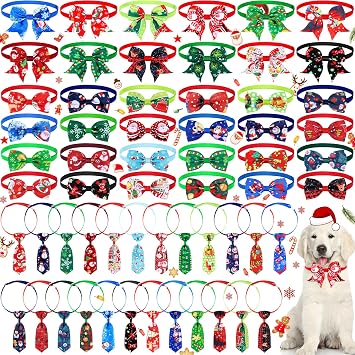 Sadnyy 60 Pcs Christmas Dog Bows for Dogs Christmas Collars Adjustable Santa Claus Snowman Bowtie Collar Includes 24 Pet Neck Ties and 24 Bowties 12 Pet Bowknot Set for Grooming