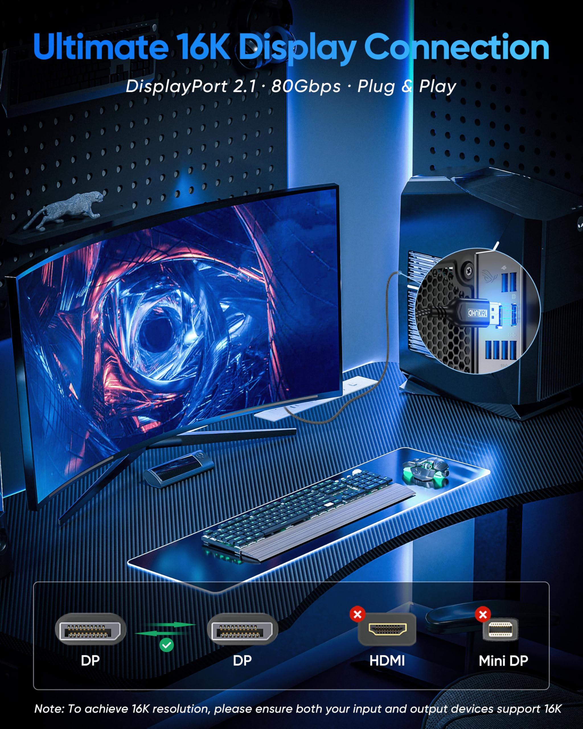 Kabel 4 m Displayport do Displayport 2.1, 80 Gb/s, wysoka wydajność, 16K @ 60 Hz/8K, 120 Hz/4K @ 240 Hz, kabel DP do DP, kompatybilny z monitorem gier G-Sync