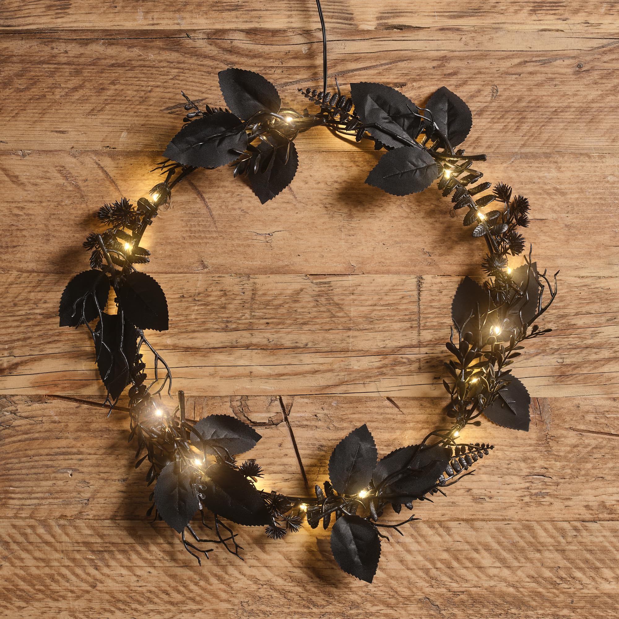 Lights4fun Black 30Cm Halloween Wreath With Gothic Foliage And 20 Warm White Micro Leds – Battery Operated Twig And Leaf Door Decoration With 6-Hour Timer For Indoor Styling