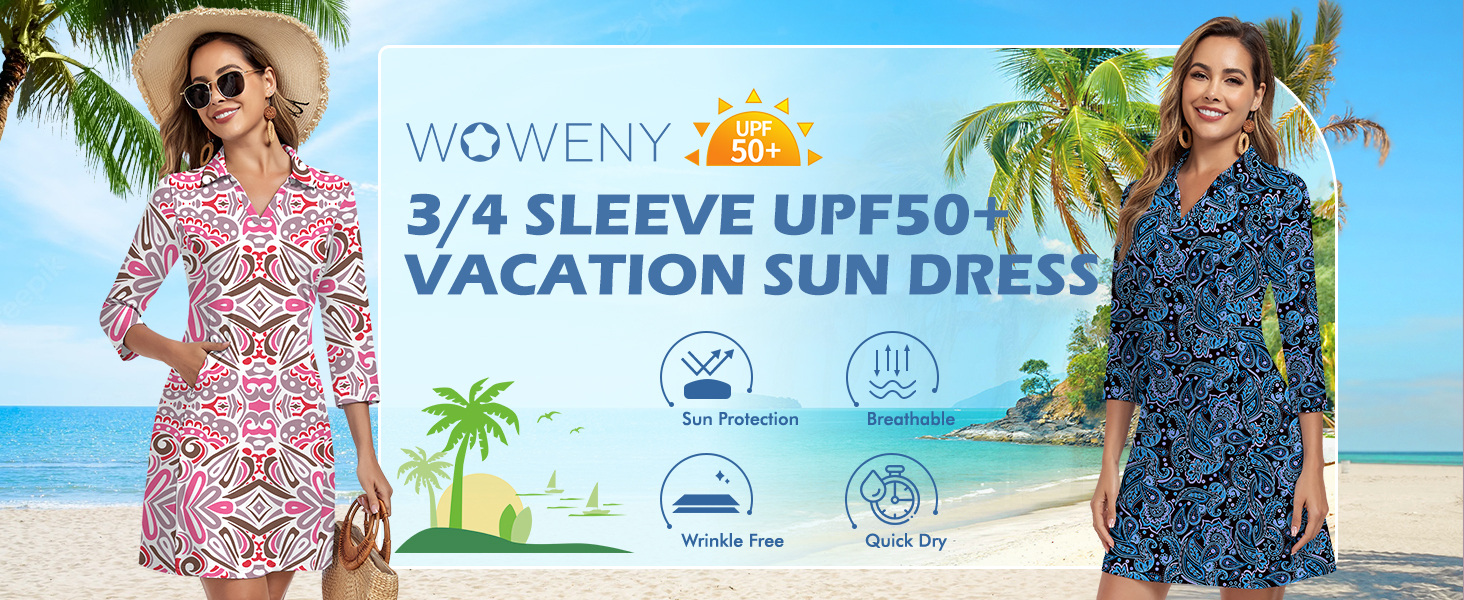 WOWENY 3/4 Sleeve Dress for Women with Pockets V Neck UPF 50+ Casual Sun  Dress Breathable Quick Dry Beach Vacation (Abstract Floral, XS) at Amazon  Women's Clothing store
