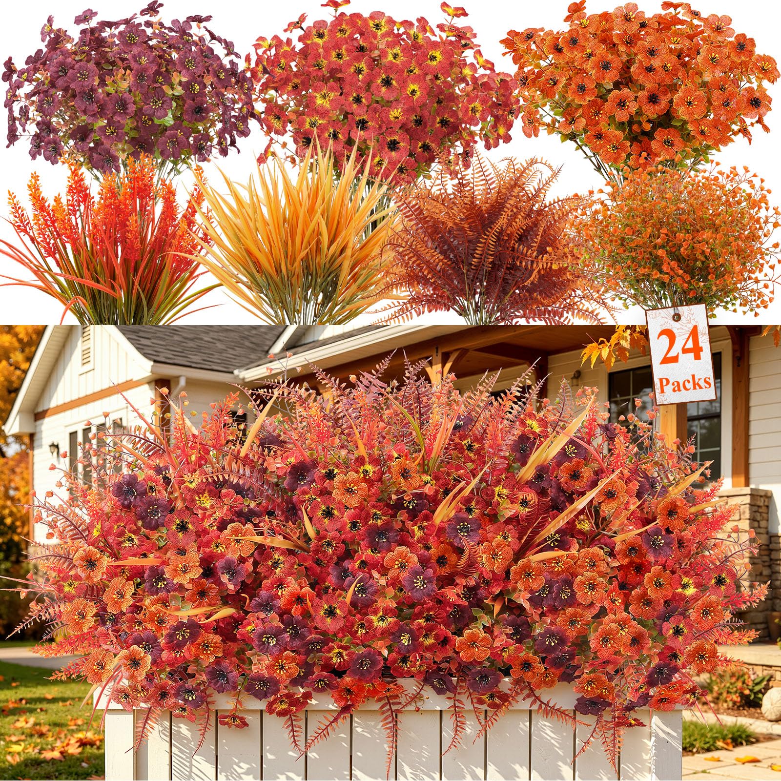 Alupssuc 24Pcs Artificial Fall Flowers for Outdoors Decor, Fake Mums Plants