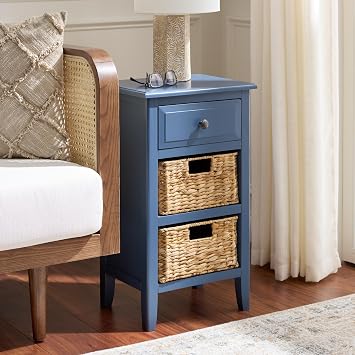 SAFAVIEH Furniture - Everly 1-Drawer Side Table - Blue - Solid Wood - Coastal Basket Storage Design - Ideal for Living Room, Entryway, Home Office, 15W x 12D x 27.5H - Fully Assembled (AMH5743H)