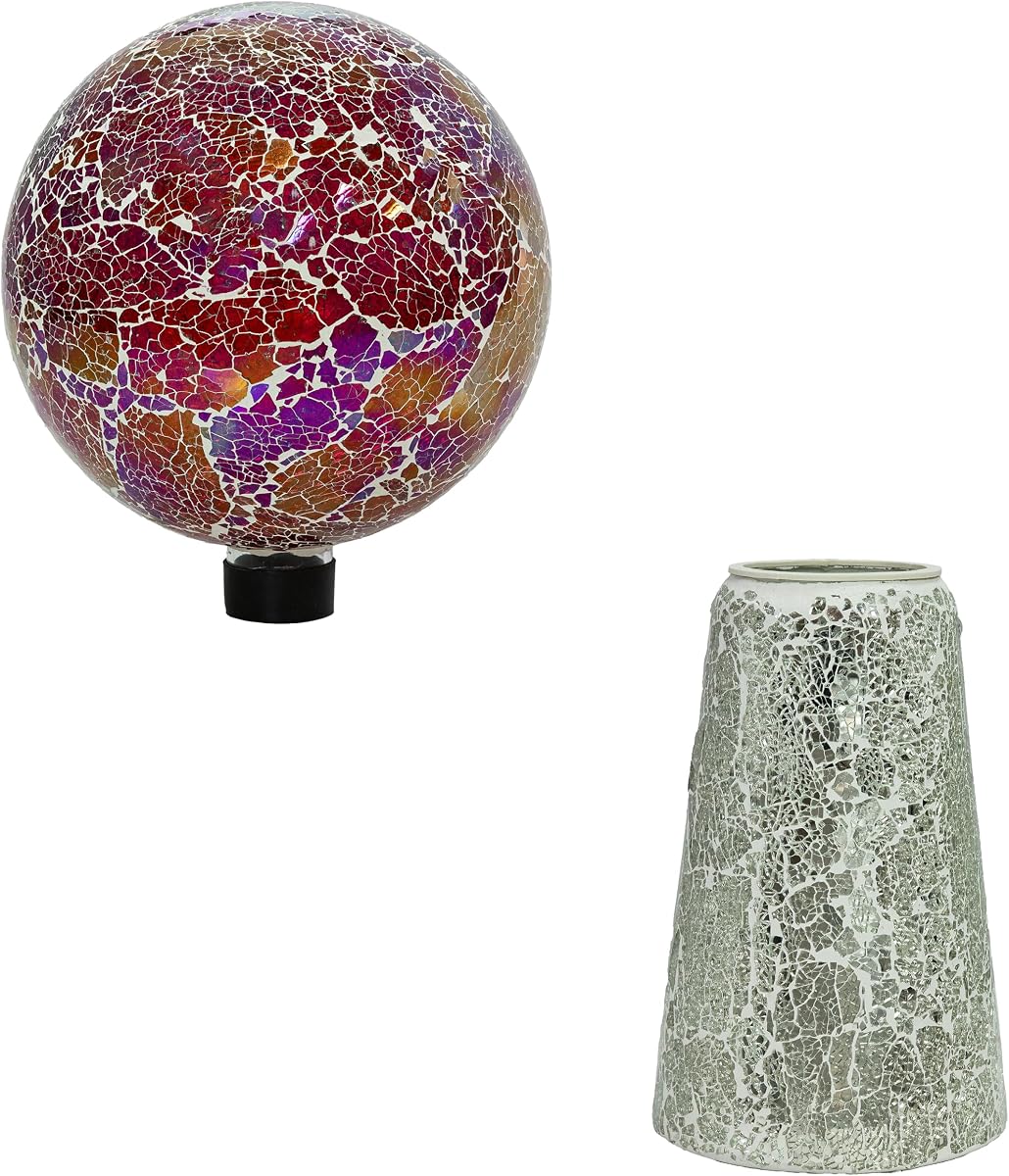 Sunnydaze 10” Mosaic Glass Gazing Globe & Stand - Silver & Pearl Pink