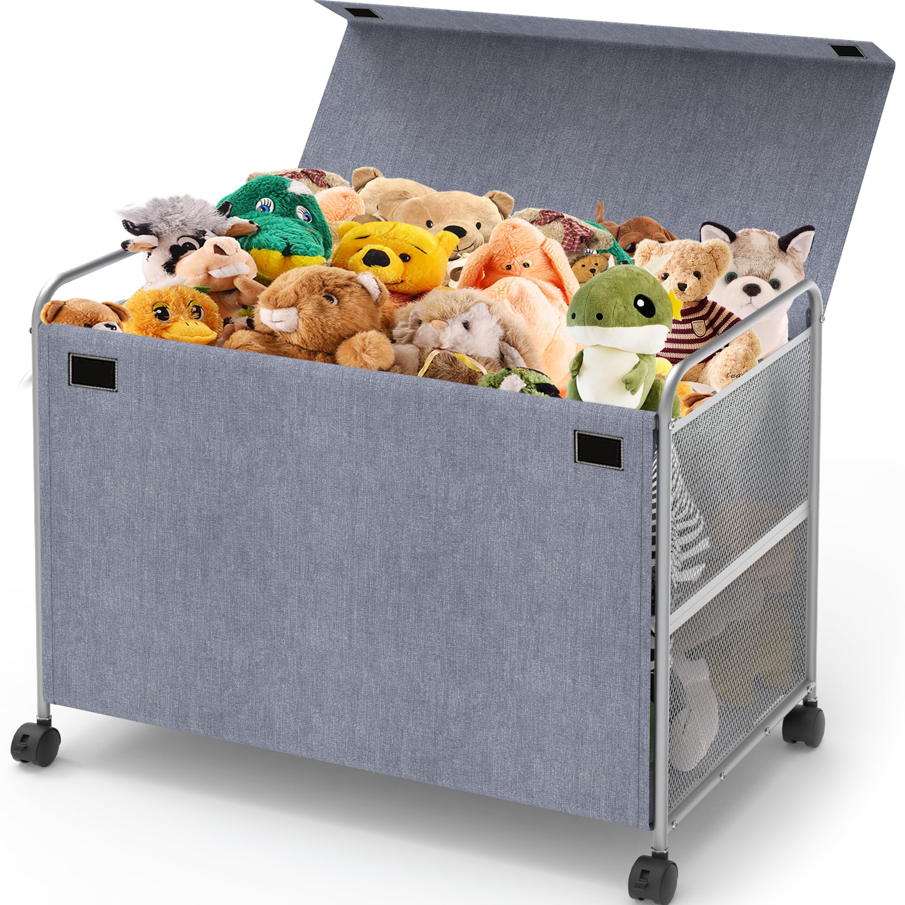 Large Toy Storage Box, 93L Metal & Oxford Cloth Toy Chest with Lids, Toy Storage Organizer with Wheels, Toy Bins for Boys, Girls, Playroom, Living Room, Bedroom (Gray)