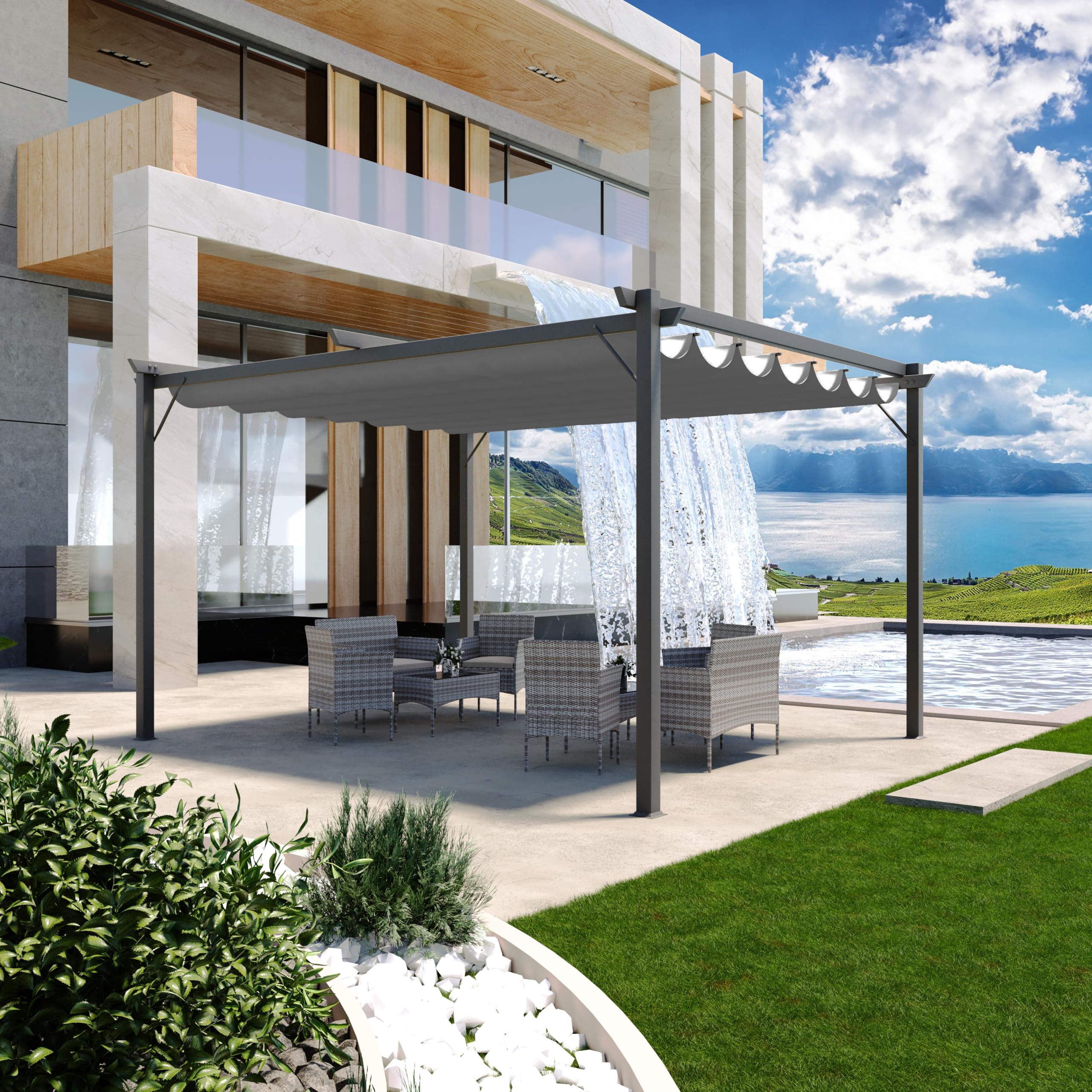 BRICOZONE Pergola Gazebo Giardino Telo Retrattile Pergolato Impermeabile Richiudibile Struttura In Acciaio Terrazzo Balcone Veranda Patio Piscina Esterno Design Moderno Elegante (3 x 4 M, Grigio)