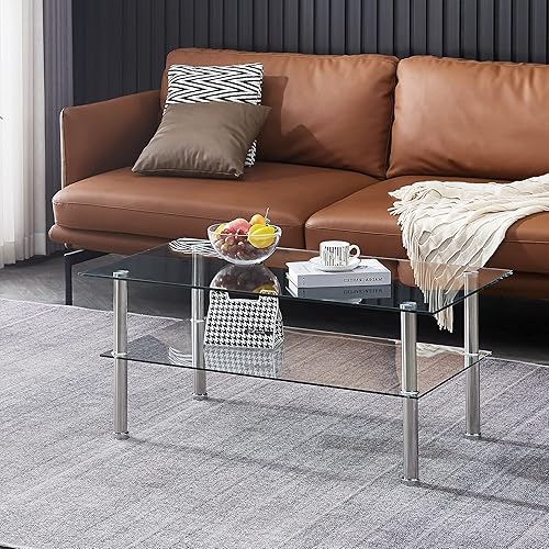 FENGHUA GLASS HOME Mesa de centro de cristal de 2 niveles con almacenamiento mesa de centro de cristal moderna para sala de estar mesa de cóctel