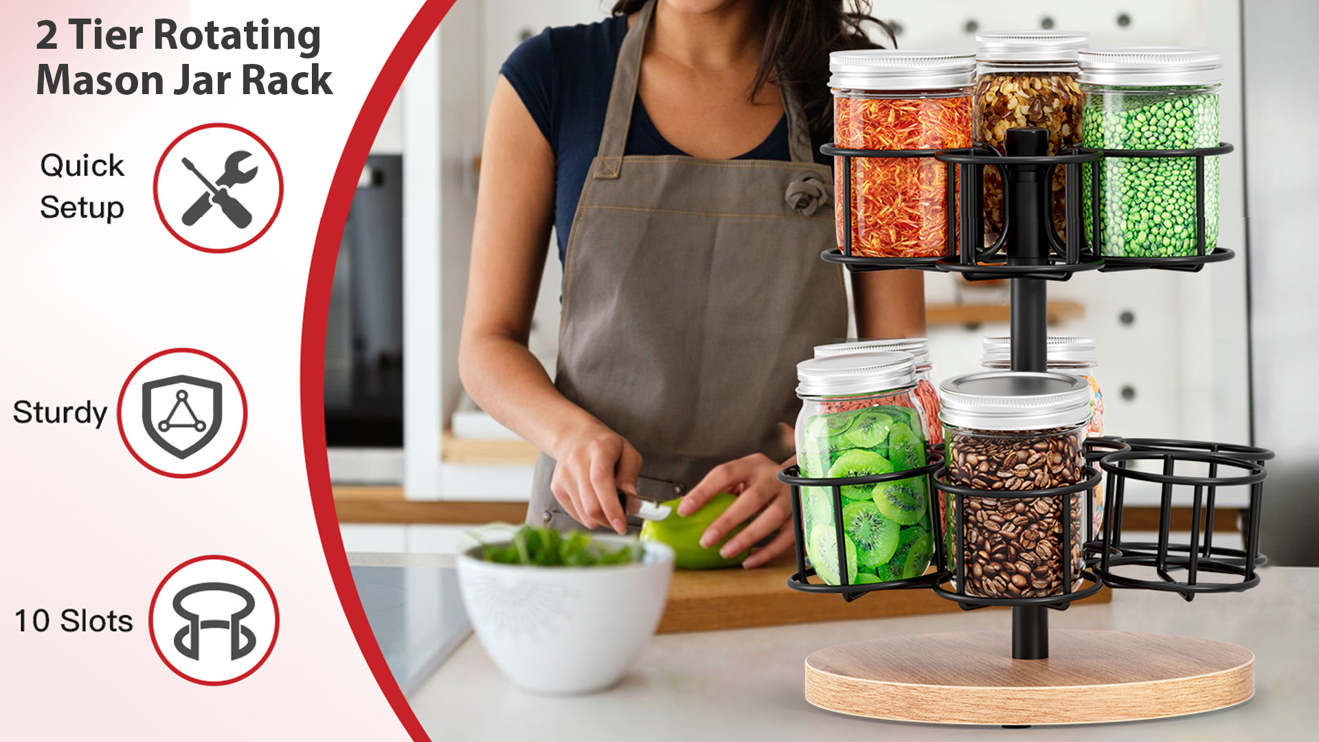Wood Base Mason Jar Storage Kitchen 2-Tier Rotating Mason Jar Organizer ...