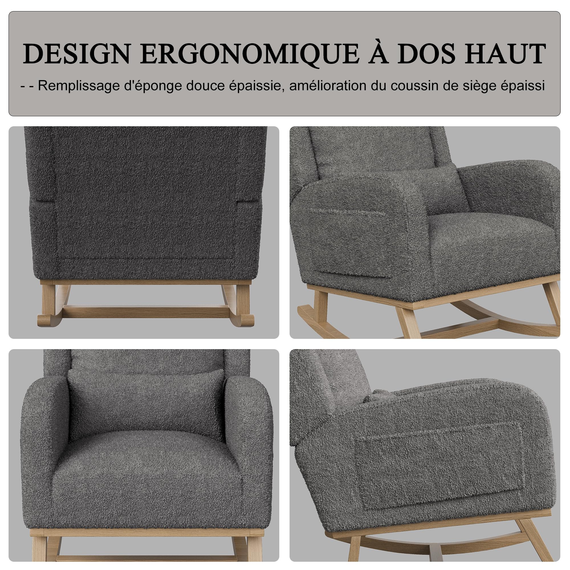 Silla Mecedora, Sillas Mecedoras de Salón, Silla de Lectura con Bolsillos de Almacenamiento en Ambos Lados, Silla Mecedora con Patas de Madera Maciza, 96x94x70cm, Terciopelo Teddy, Gris