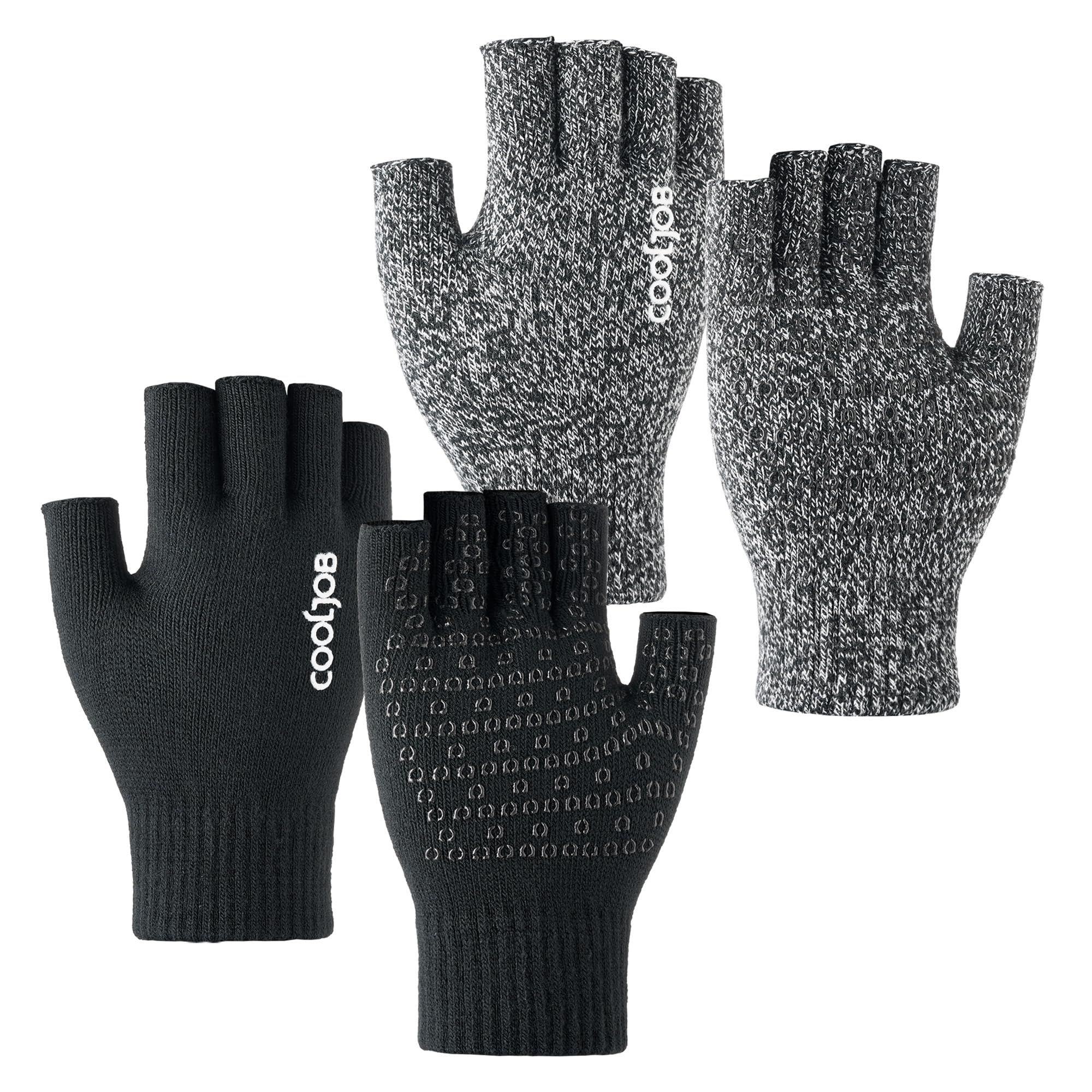 COOLJOB Lot de 2 paires de gants sans doigts pour homme et femme, gants chauds en tricot, antidérapants pour le travail à la maison et les sports de plein air