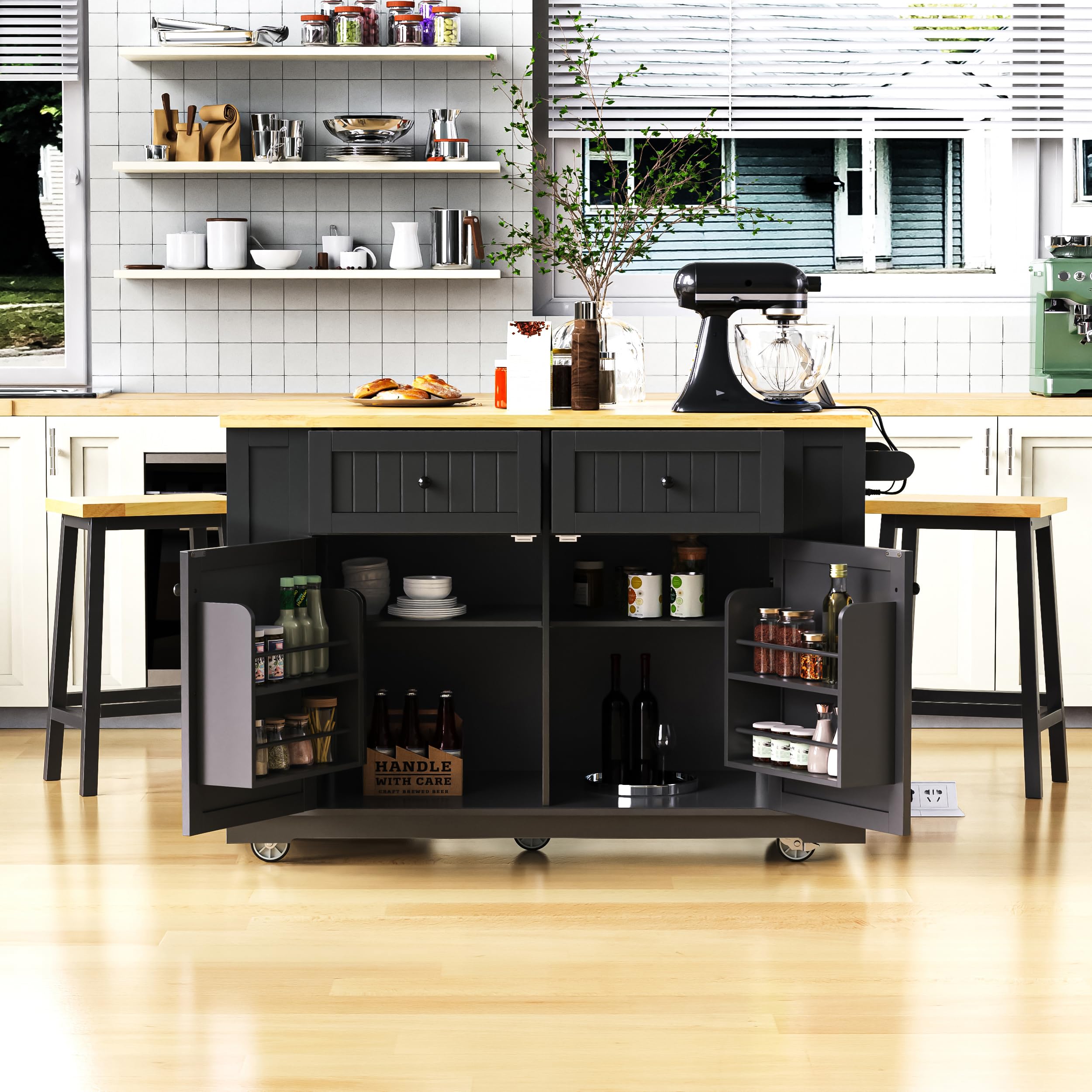 Andehomy 48inch Large Kitchen Island with 2 Bar Stools, Power Outlet, 4 Door Shelves, Kitchen Storage Cart on 5 Wheels with Drop Leaf, 5 Open Side