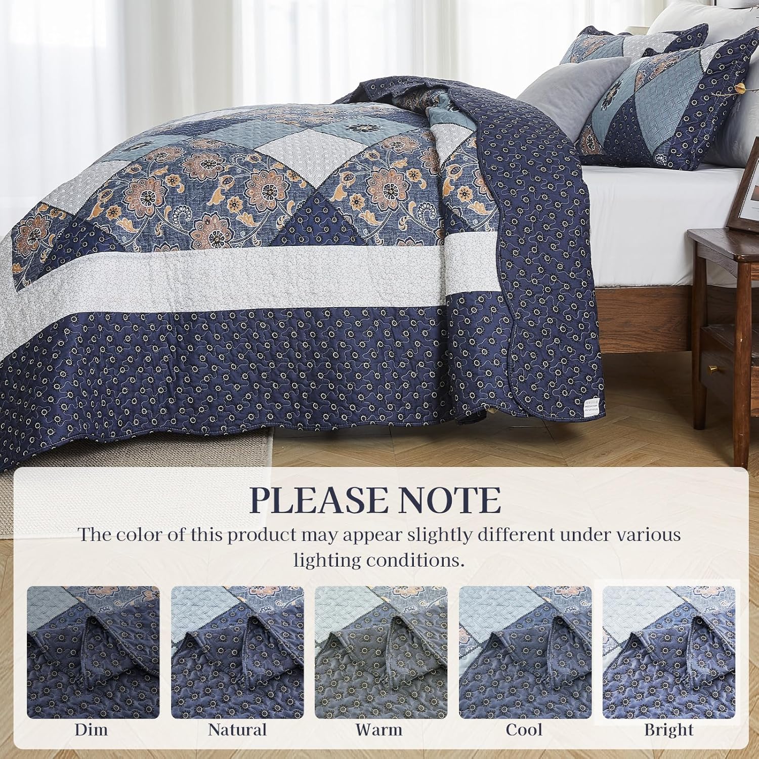 ENJOHOS California King Quilt Sets Oversized 128x120, 3 Pcs Navy Blue Plaid Floral Cal King Bedspread Coverlet Set for All Seasons, Patchwork Reversible Bedding Set