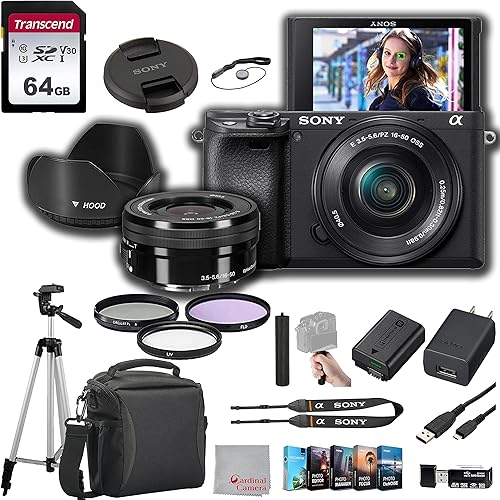Sony Cámara sin espejo a6400 con lente de 0.630-1.969 in 64 GB de memoria, estuche. Trípode, filtros, capó, agarre y kit de software profesional de