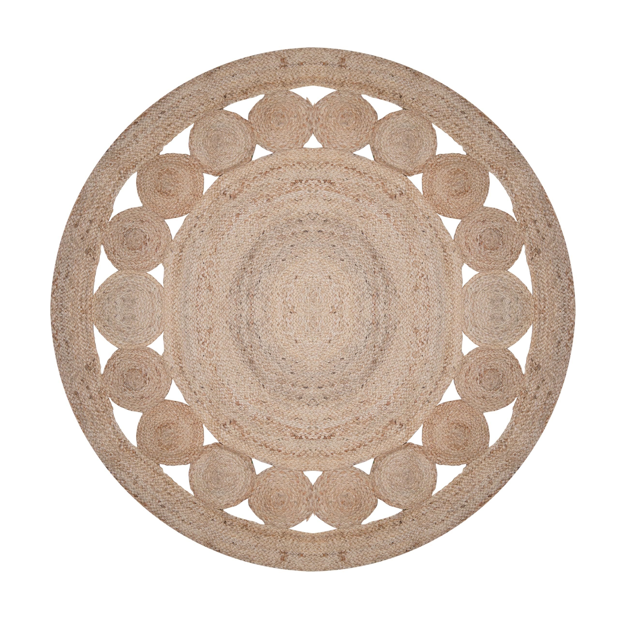 Craft Trade Alfombra de yute natural Tikki tejida a mano, trenzada, reversible, rústica, para sala de estar, dormitorio, decoración del hogar, alfombra bohemia de sisal, alfombra de granja, redonda de