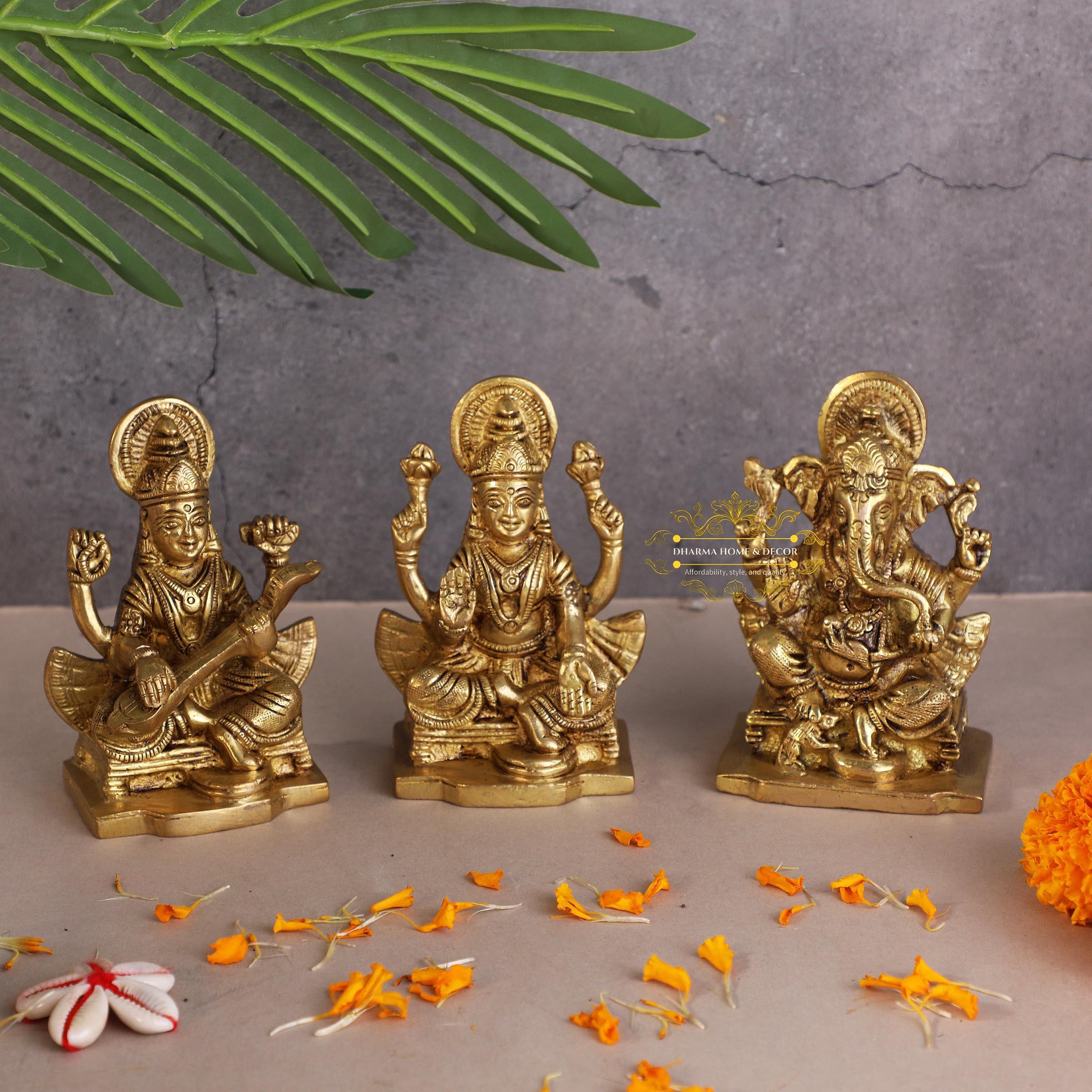 Dharma Home & DecorBrass Ganesh Laxmi Saraswati Statue | Vighnaharta Ganesh, Maa Laxmi, Maa Sarasvati Sculpture |Home & Office Décor | Diwali Gift(Weight 1582g)(L 2.7 X H 3.8 inch)